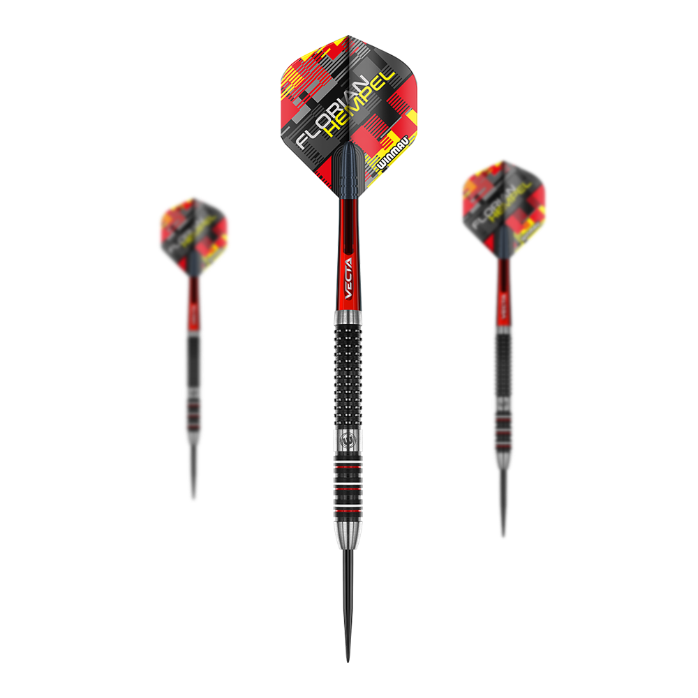Winmau Florian Hempel steel darts Auf dem Bild sind drei Steeldarts mit schwarzer, roter und silberner Farbgebung zu sehen. Auf den Flights steht der Name "Florian Hempel" sowie das Logo von Winmau.