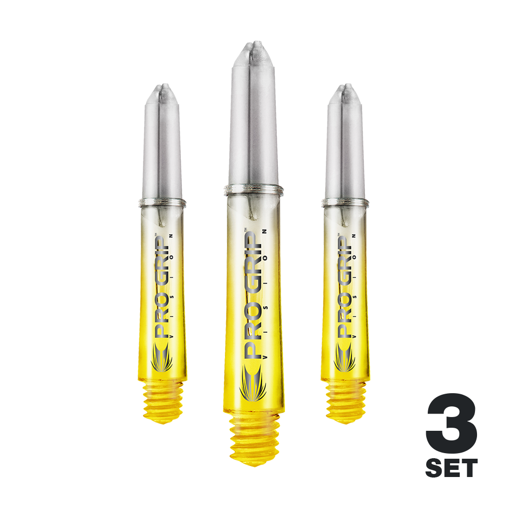 Target Pro Grip Vision Shafts - 3 Sets - Yellow Auf dem Bild sind drei gelbe Pro Grip Vision Shafts für Darts zu sehen. Unten rechts steht, dass es sich um ein 3er-Set handelt.