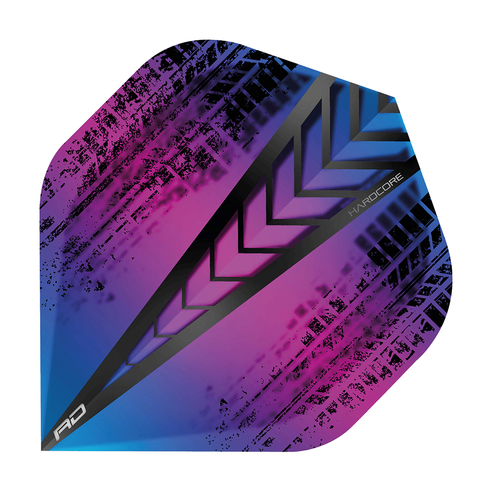 TF6334_Red_Dragon_Hardcore_Standard_Flights_6334_1 Das Bild zeigt das Produkt "Red Dragon Hardcore Standard Flights 6334". Das Flight hat ein auffälliges Design mit schwarz-violetten und blauen Farbverläufen sowie einem modernen Muster.