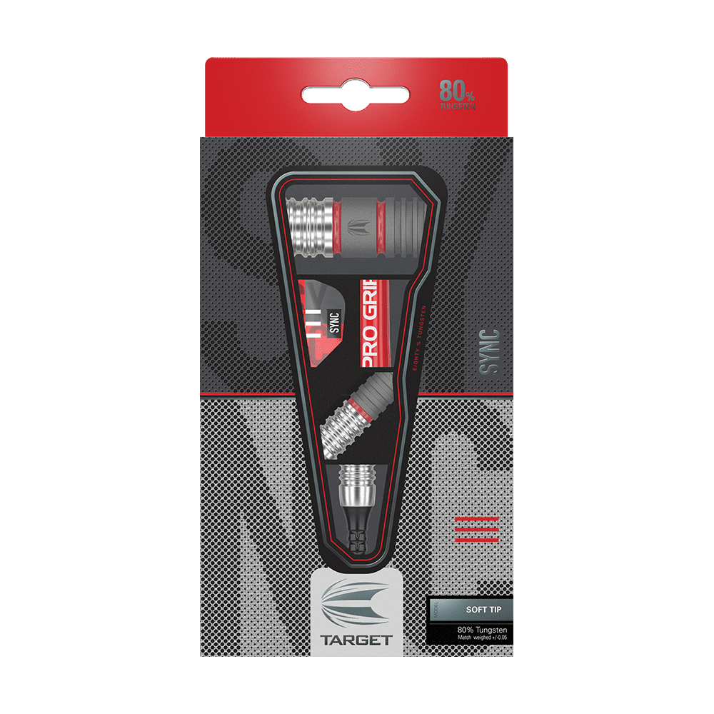 210302_Targer_Sync_11_Softdarts_3 Auf dem Bild ist eine Verpackung mit Softdarts der Marke Target zu sehen. Die Darts bestehen zu 80 % aus Tungsten und haben die Bezeichnung "SYNC".