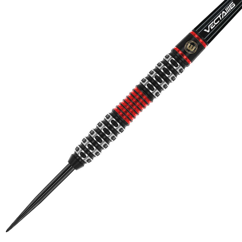 1470_Winmau_Joe_Cullen_Special_Edition_Steeldarts_2 Dies ist ein spezieller Steeldart aus der Joe Cullen Special Edition von Winmau. Der Dart hat ein auffälliges Design mit schwarzen, silbernen und roten Akzenten am Griff.