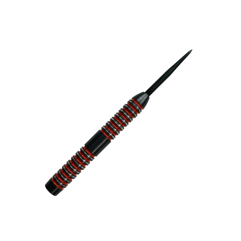 McDart Crimson Steeldart Barrels Das Bild zeigt einen McDart Crimson Steeldart Barrel. Der Barrel ist schwarz mit auffälligen roten Ringen und hat ein gerilltes Design für besseren Halt.