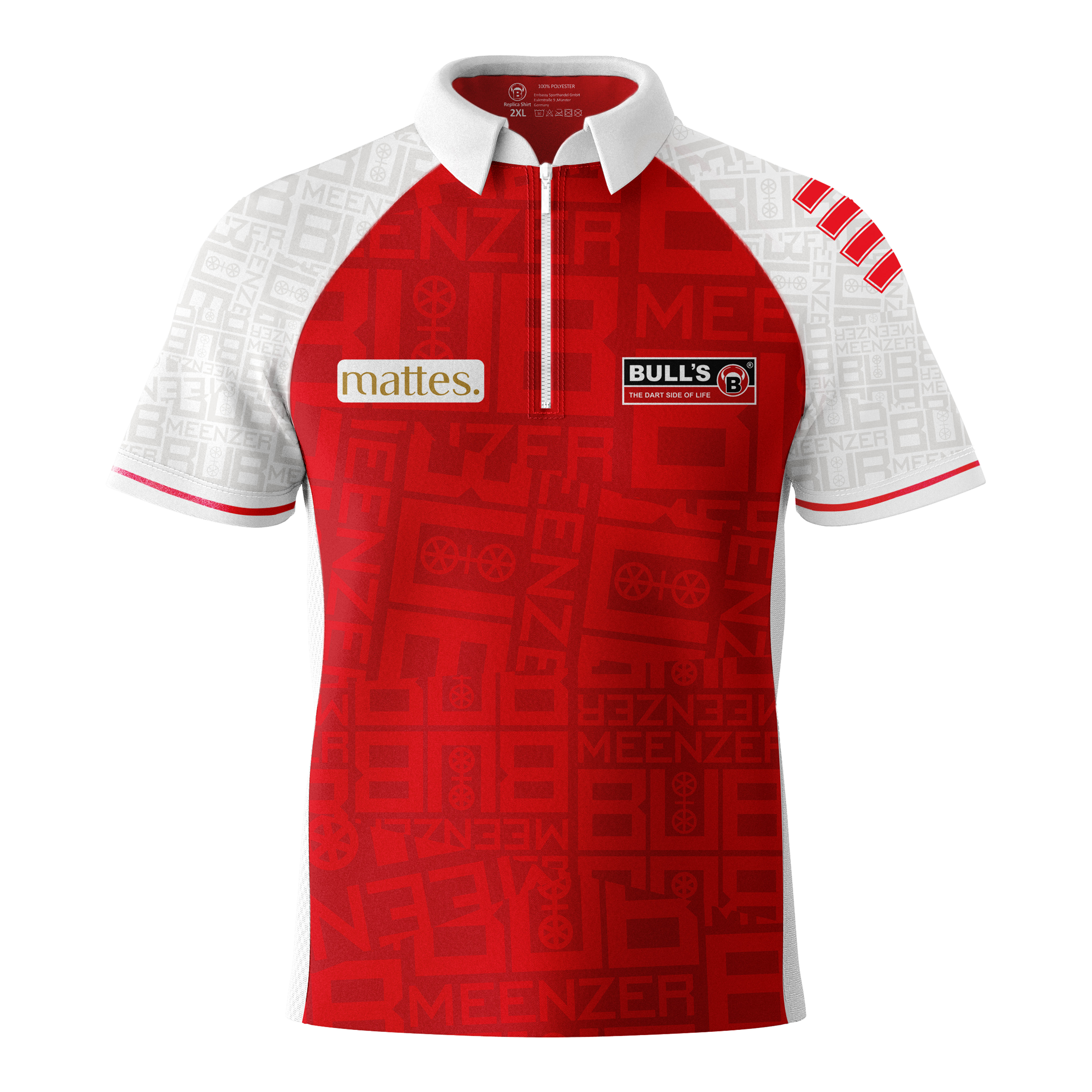 Das Bild zeigt das Bulls Niko Springer Meenzer Bub Dartshirt. Das Shirt ist rot-weiß mit verschiedenen Logos auf der Vorderseite.