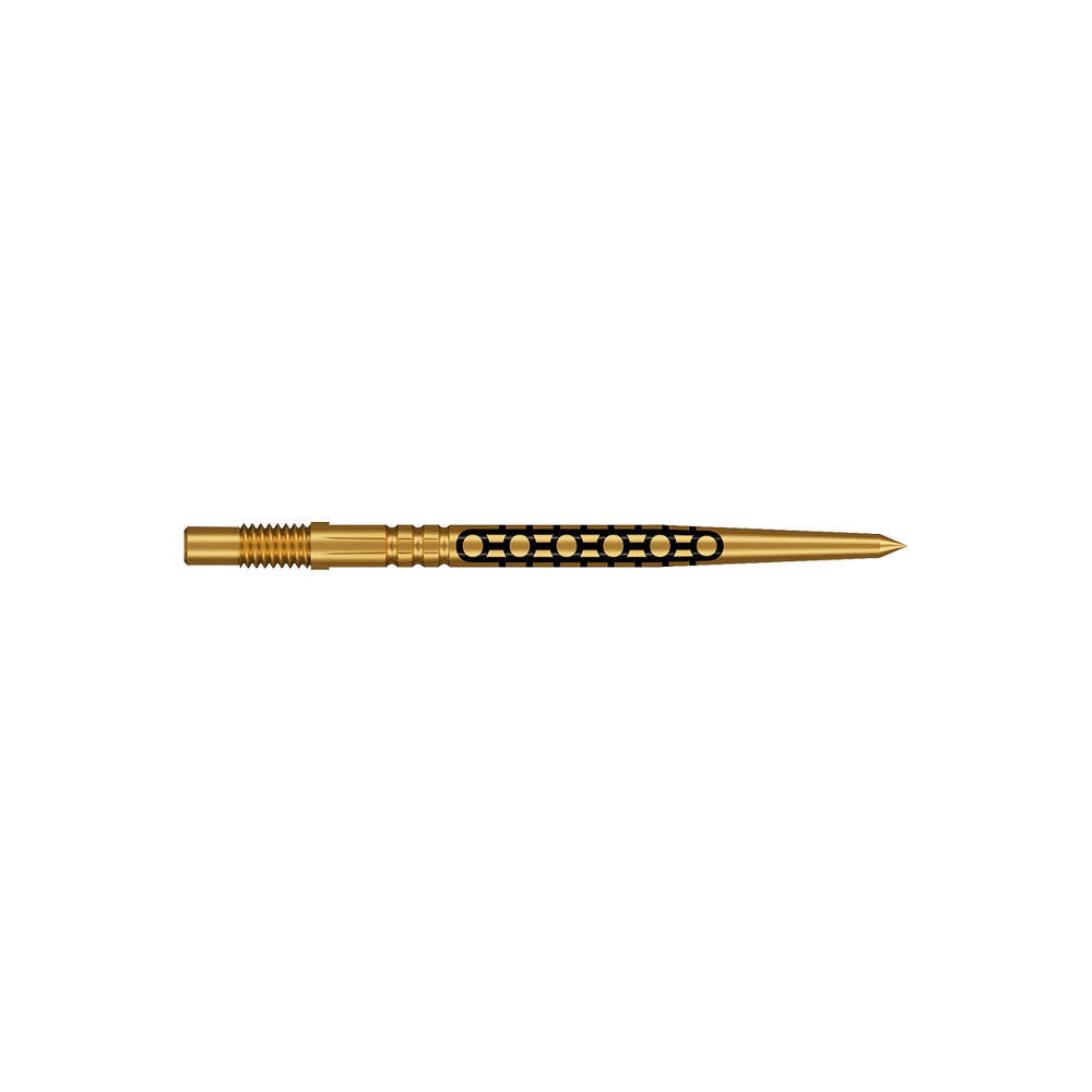 Shot Turbo Point Goths Dart Tips - Gold Zwei kurze Dartspitzen in glänzender Goldfarbe werden dargestellt. Sie haben ein feines, geriffeltes Design.
