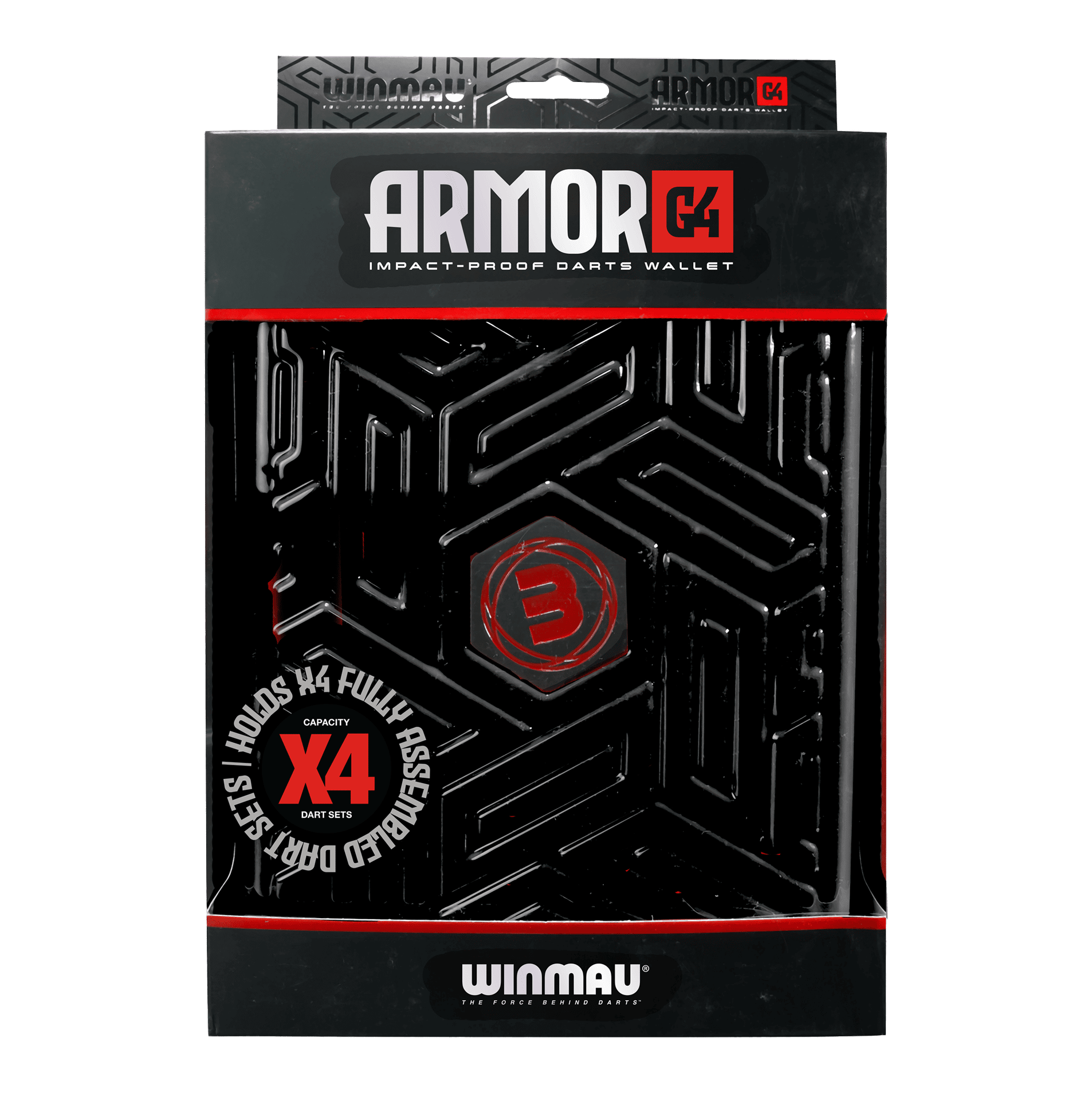 Winmau Armor G4 Dartwallet Auf dem Bild ist ein Winmau Armor G4 Dartwallet in Schwarz zu sehen. Die Verpackung zeigt, dass das Etui stoßfest ist und Platz für vier komplett montierte Dart-Sets bietet.