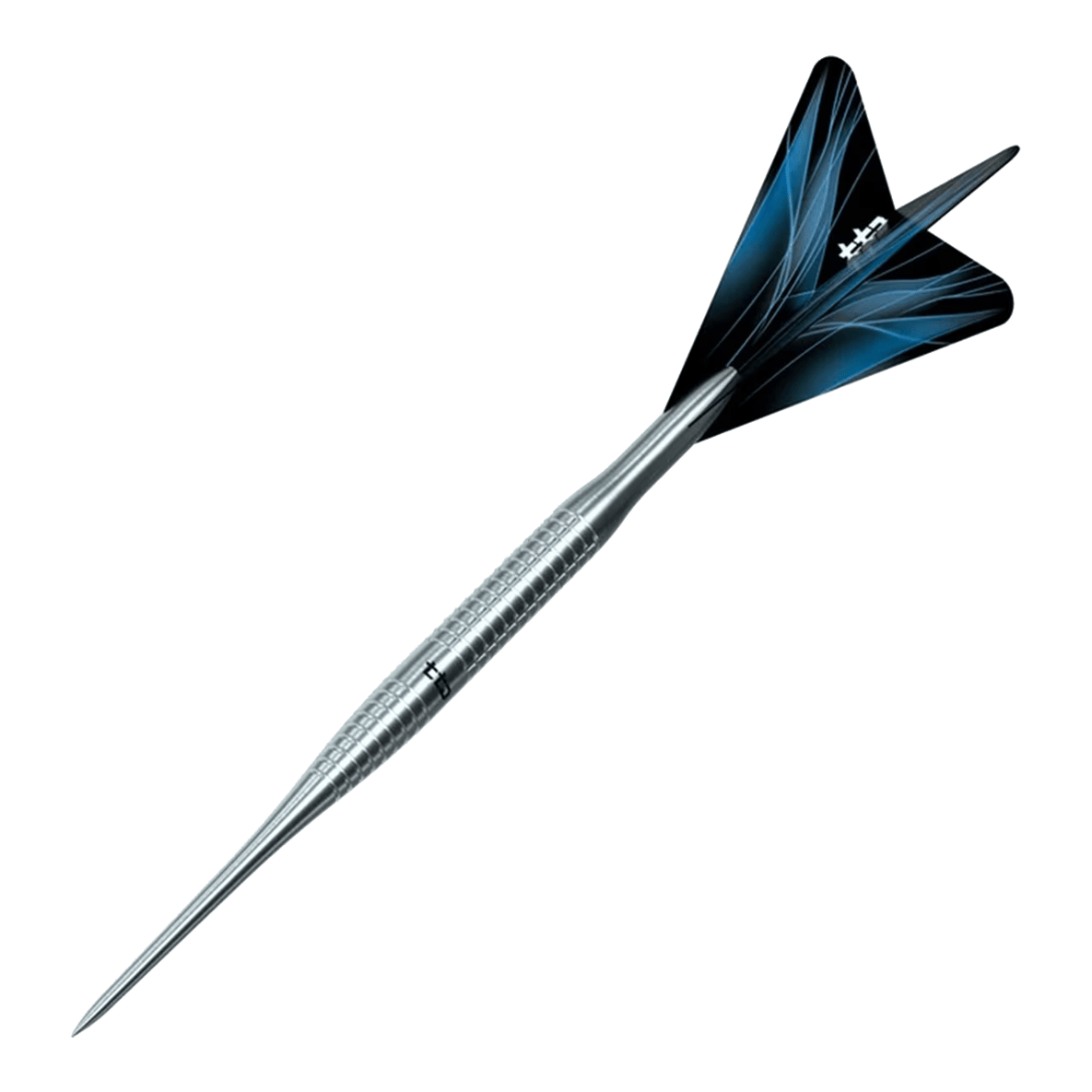 Das Foto zeigt die Caliburn TTD Complete Titanium T3 Silver Steeldarts - 7g. Diese Dartpfeile sind silberfarben und bieten eine präzise Verarbeitung.