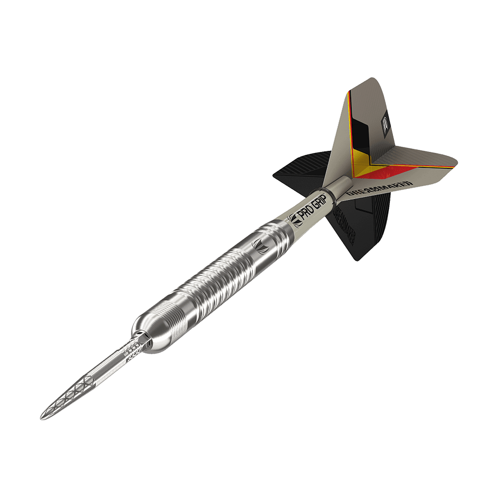 190224-_Target_Dimitri_Van_Den_Bergh_GEN2_Swiss_Point_Steeldarts_4 Auf dem Bild ist ein silberner Steeldartpfeil mit strukturiertem Griff zu sehen. Das Flight am Ende des Pfeils ist schwarz, grau und gelb mit der Aufschrift "PRO GRIP".