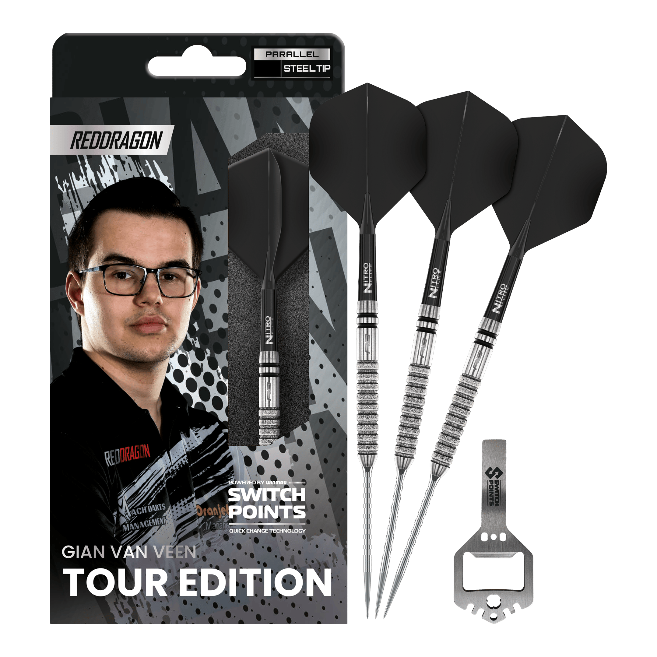 Abgebildet sind die Red Dragon Gian Van Veen Tour Edition Switch Point Steeldarts - 21g in voller Länge. Die Steeldarts zeichnen sich durch ihre hochwertige Verarbeitung aus.