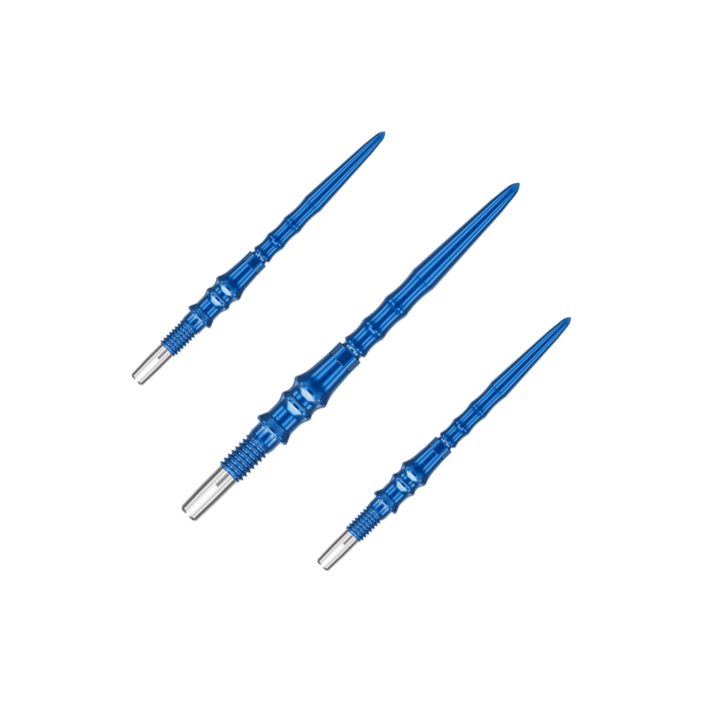 Target Japan Premium Swiss Point Dart Tips - Blue Auf dem Bild ist ein Set von blauen Dartspitzen zu sehen. Die Spitzen sind jeweils 30 mm lang.