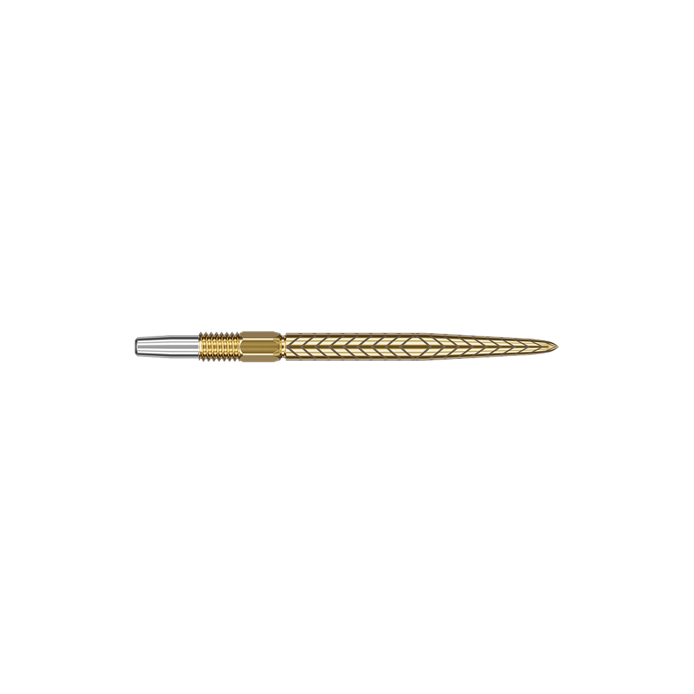 Target Swiss Point RVE dart tips - Gold Auf dem Bild ist eine goldfarbene Dartspitze mit einem Muster zu sehen. Der vordere Teil der Spitze ist silberfarben.