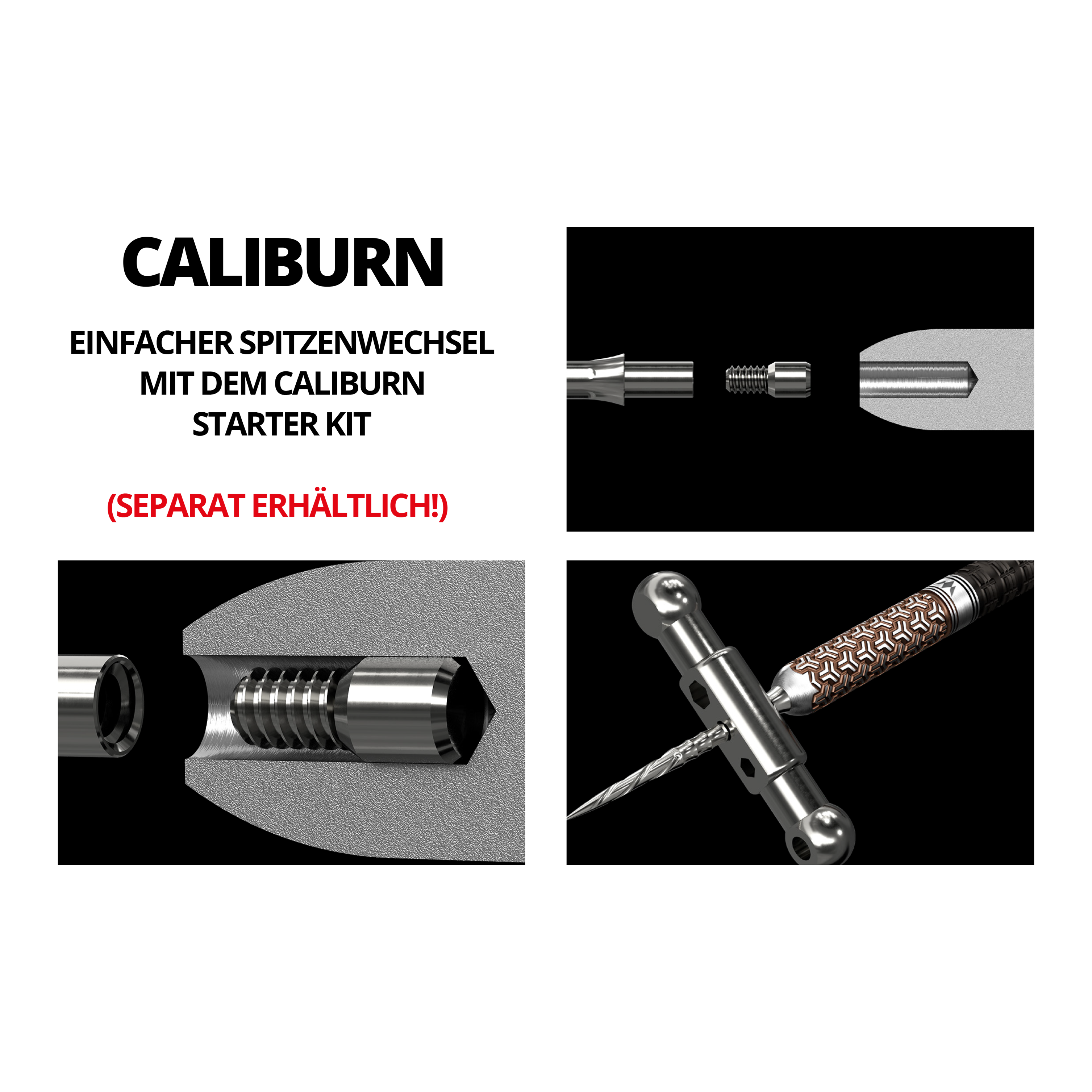 Mission Caliburn EVO Dart Tips - Ripple - Black Das Bild zeigt verschiedene technische Zeichnungen und Details eines Dartspitzen-Systems. In roter Schrift steht der Hinweis „(SEPARAT ERHÄLTLICH!)“.