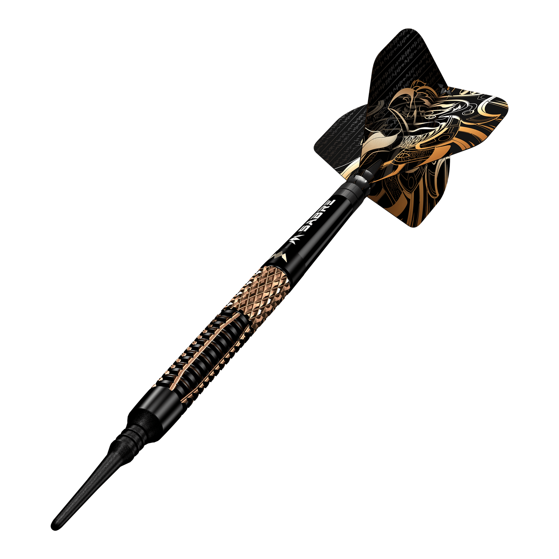Mission Horus Softdarts - 19g Das Bild zeigt einen Mission Horus Softdart mit einem Gewicht von 19 Gramm. Der Dart hat ein auffälliges schwarzes und goldenes Design.