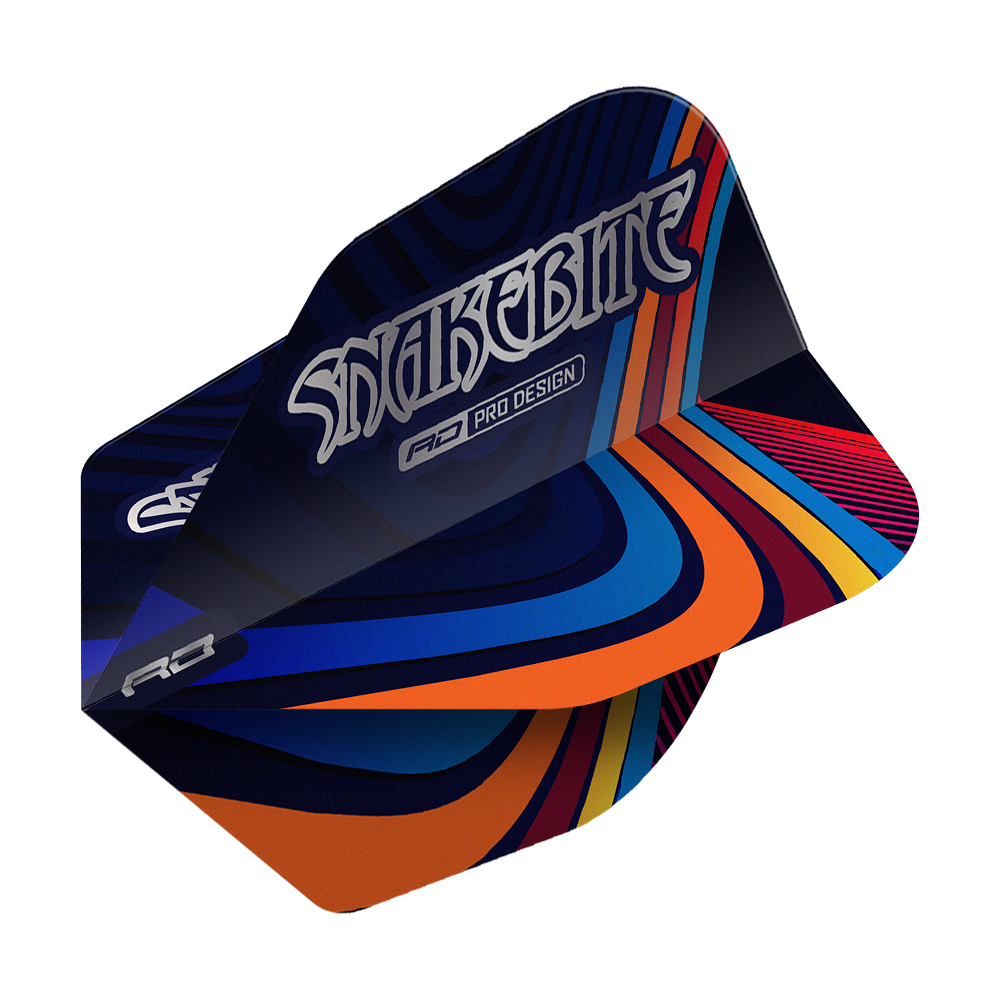 Red Dragon Peter Wright Snakebite Multi Swirl No6 Flights Das Bild zeigt ein Dartflight mit dem Namen "Red Dragon Peter Wright Snakebite Multi Swirl No6 Flights". Das Flight-Design ist bunt mit geschwungenen Linien in Blau, Orange, Rot und Gelb, und trägt die Aufschrift "Snakebite".