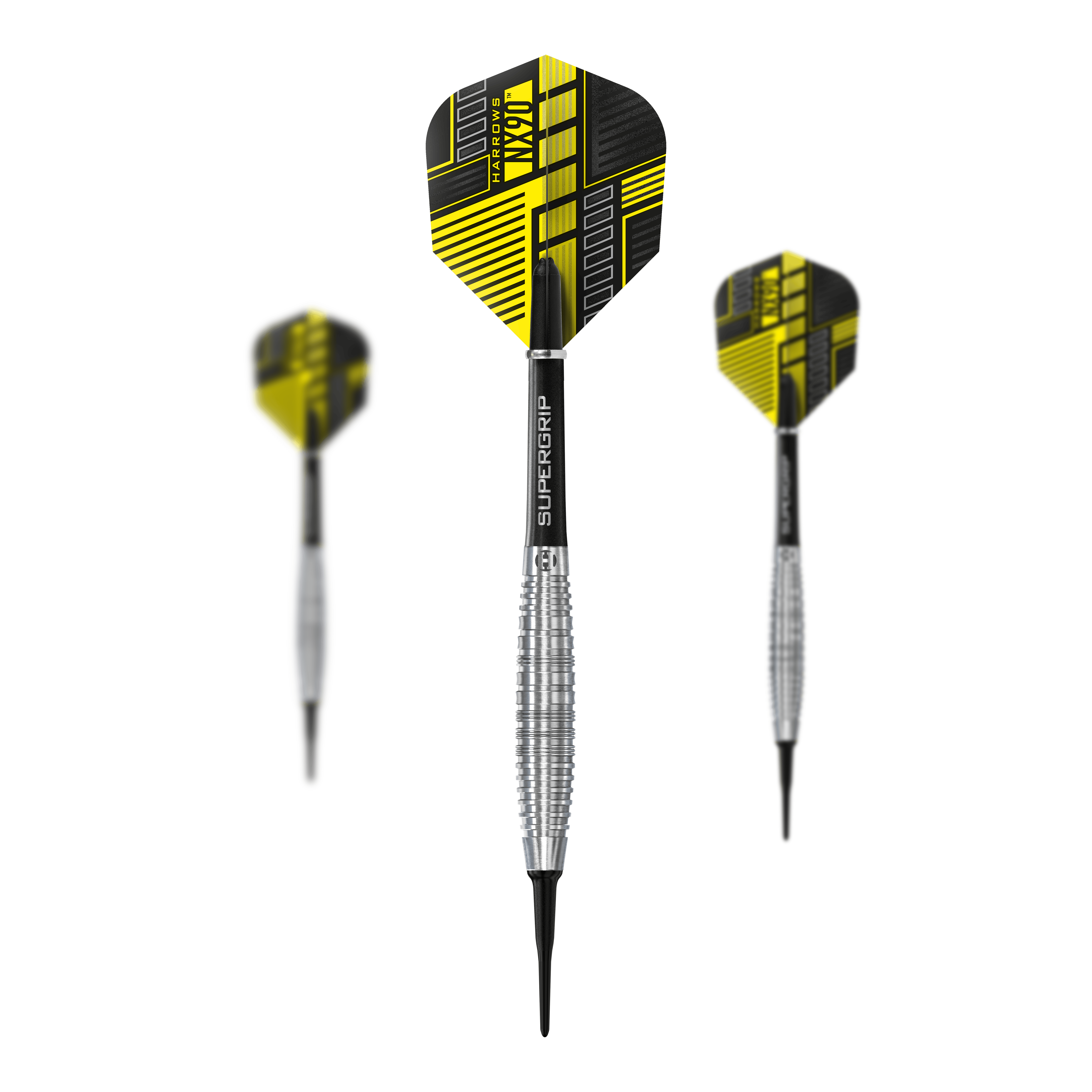 Harrows NX90 Bomb Soft Darts Das Bild zeigt drei Harrows NX90 Bomb Softdarts mit schwarz-gelben Flights. Die Darts haben silberne, geriffelte Griffe und Spitzen aus Kunststoff.