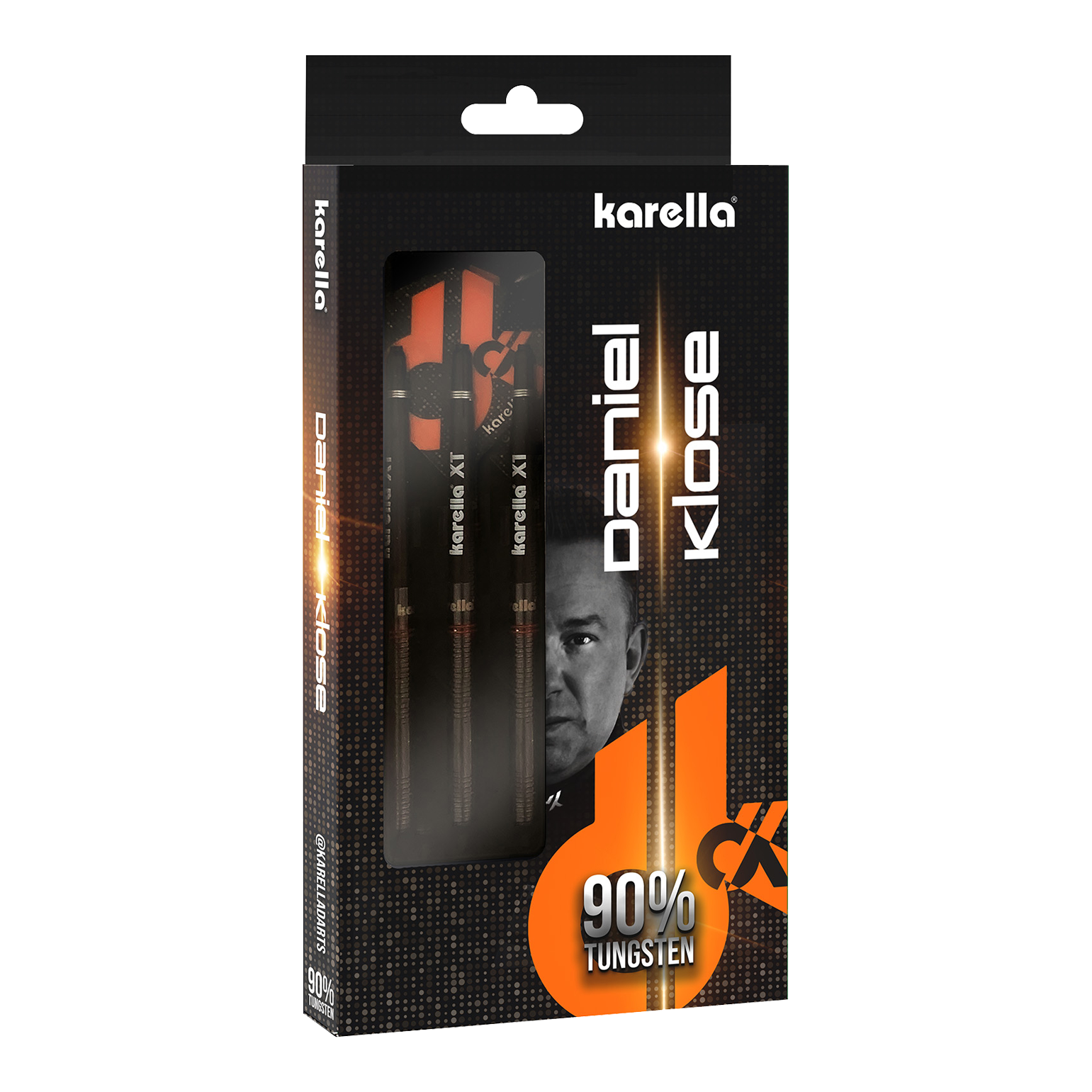 Karella Daniel Klose soft darts Auf dem Bild ist die Verpackung der „Karella Daniel Klose Softdarts“ zu sehen. Die Darts bestehen zu 90 % aus Tungsten und werden in einer schwarzen, auffällig gestalteten Box präsentiert.