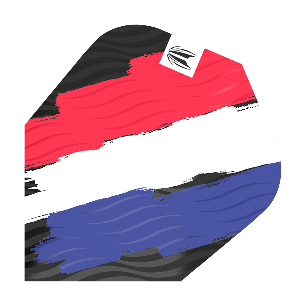 TG67_335790_Target_ProUltra_Flag_Holland_Ten-X_Flights_1lqr2WK4JXg24I Das Bild zeigt ein Dart-Flight mit den Farben der niederländischen Flagge in einem Pinselstrich-Design. Oben rechts befindet sich ein kleines weißes Quadrat mit einem schwarzen Logo.