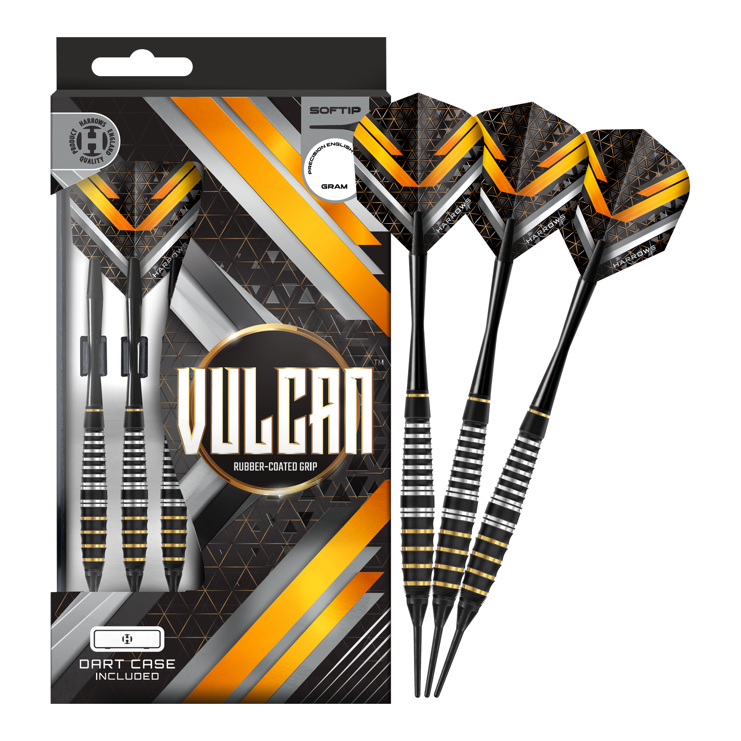 Dieses Bild stellt die Harrows Vulcan Softdarts vollständig dar. Sie bieten sowohl Anfängern als auch Profis optimale Spieleigenschaften.