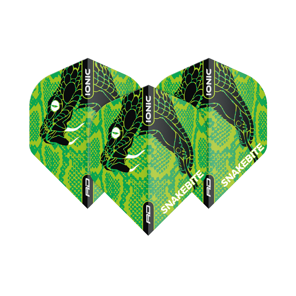 TF6571_Red_Dragon_Hardcore_Ionic_Snakebite_Green_Head_Standard_Flights_1w0XjKan7GL0iq Das Bild zeigt drei Dart-Flights mit einem auffälligen grünen Schlangenkopf-Design. Auf den Flights stehen die Wörter "IONIC" und "SNAKEBITE".