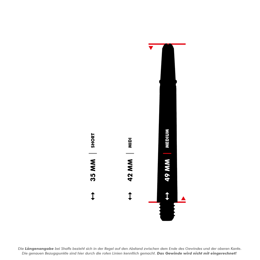 _Harrows_Carbon_360_Shafts_5_49mmPKfqccJIPJBgi Das Bild zeigt drei unterschiedlich lange Dartshafts mit den Längen 35 mm (Short), 42 mm (Midi) und 49 mm (Medium). Die roten Linien markieren die Messpunkte für die Längenangabe, das Gewinde wird dabei nicht mitgerechnet.