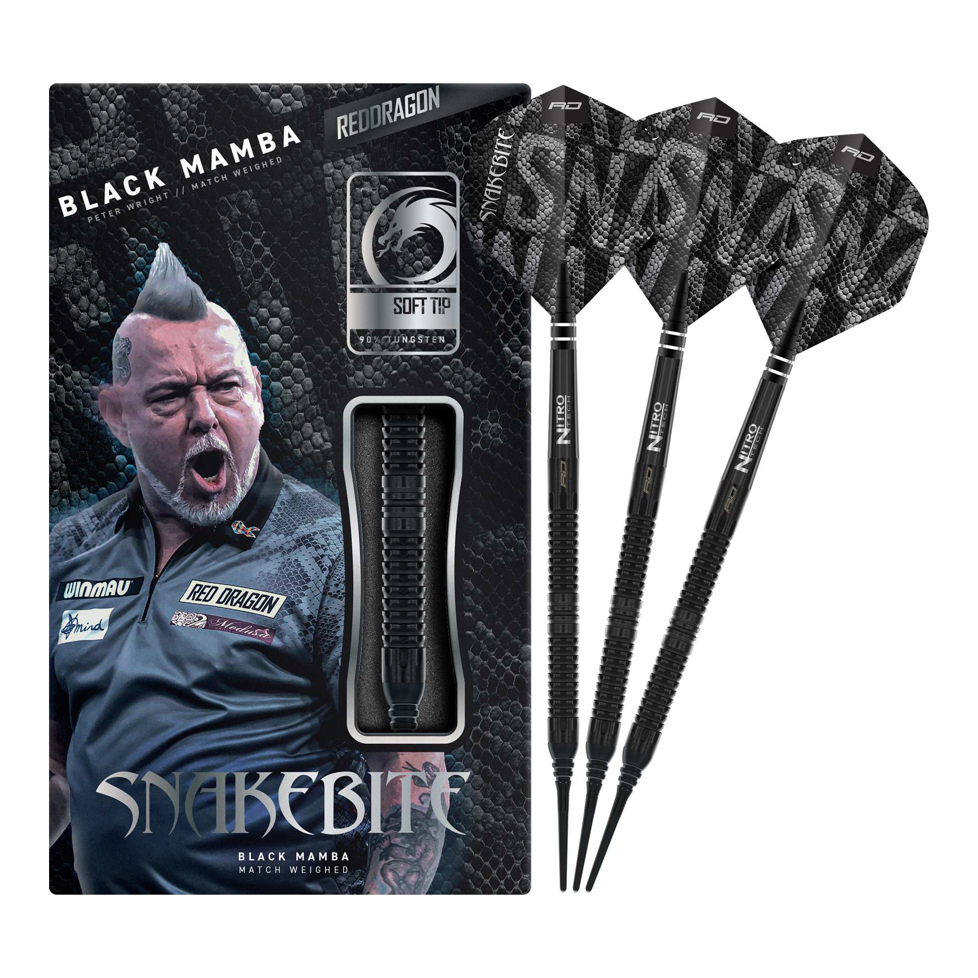 Red Dragon Peter Wright Snakebite Black Mamba Soft Darts - 20g Auf dem Bild ist der Red Dragon Peter Wright Snakebite Black Mamba Softdart mit 20g zu sehen. Er überzeugt durch seine professionelle Verarbeitung und sein elegantes Aussehen.