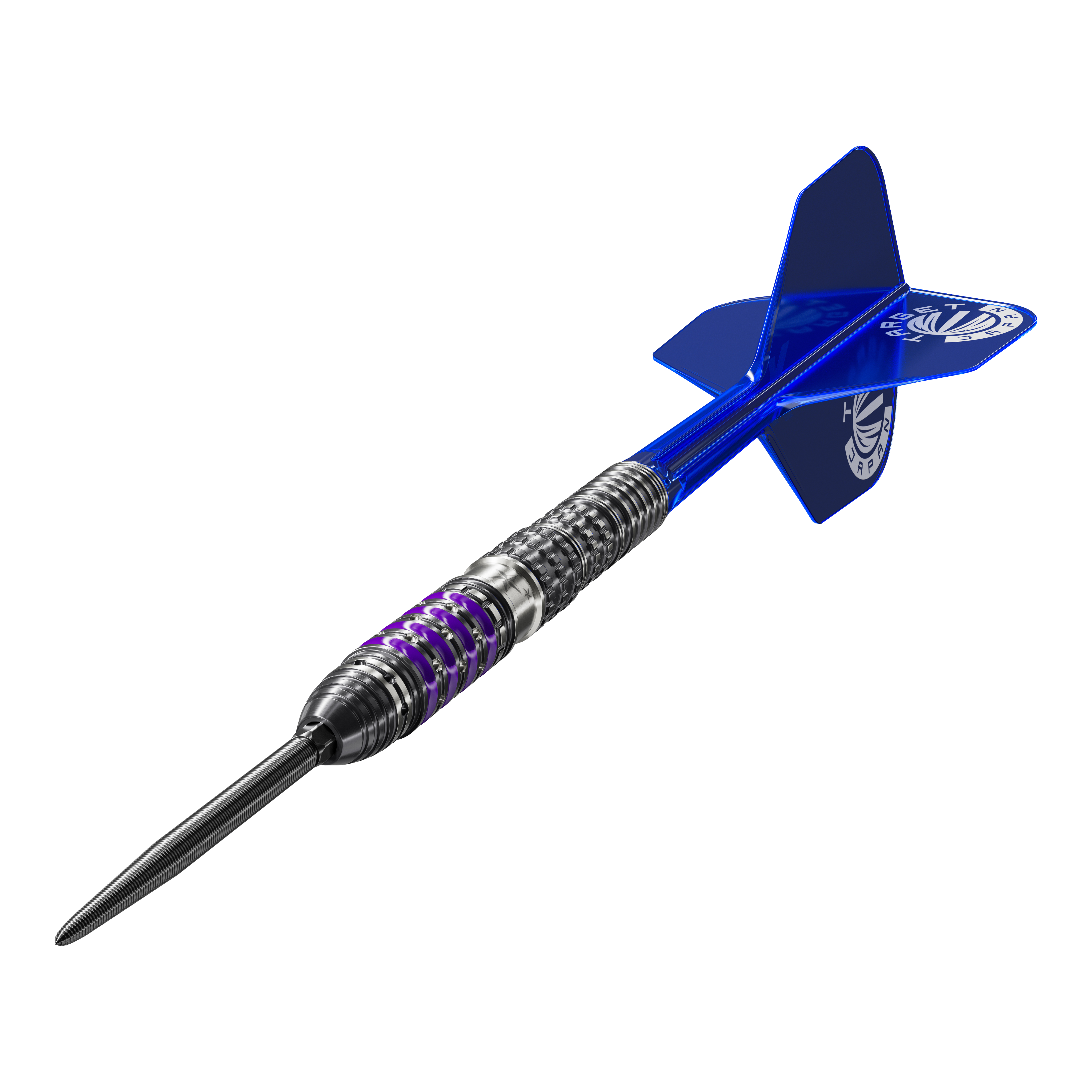 Das Bild zeigt einen Target Japan Prime Series Sirius GEN4 Swiss Point Steeldart. Der Dart hat ein metallisches Barrel mit lila Akzenten und blaue Flights.