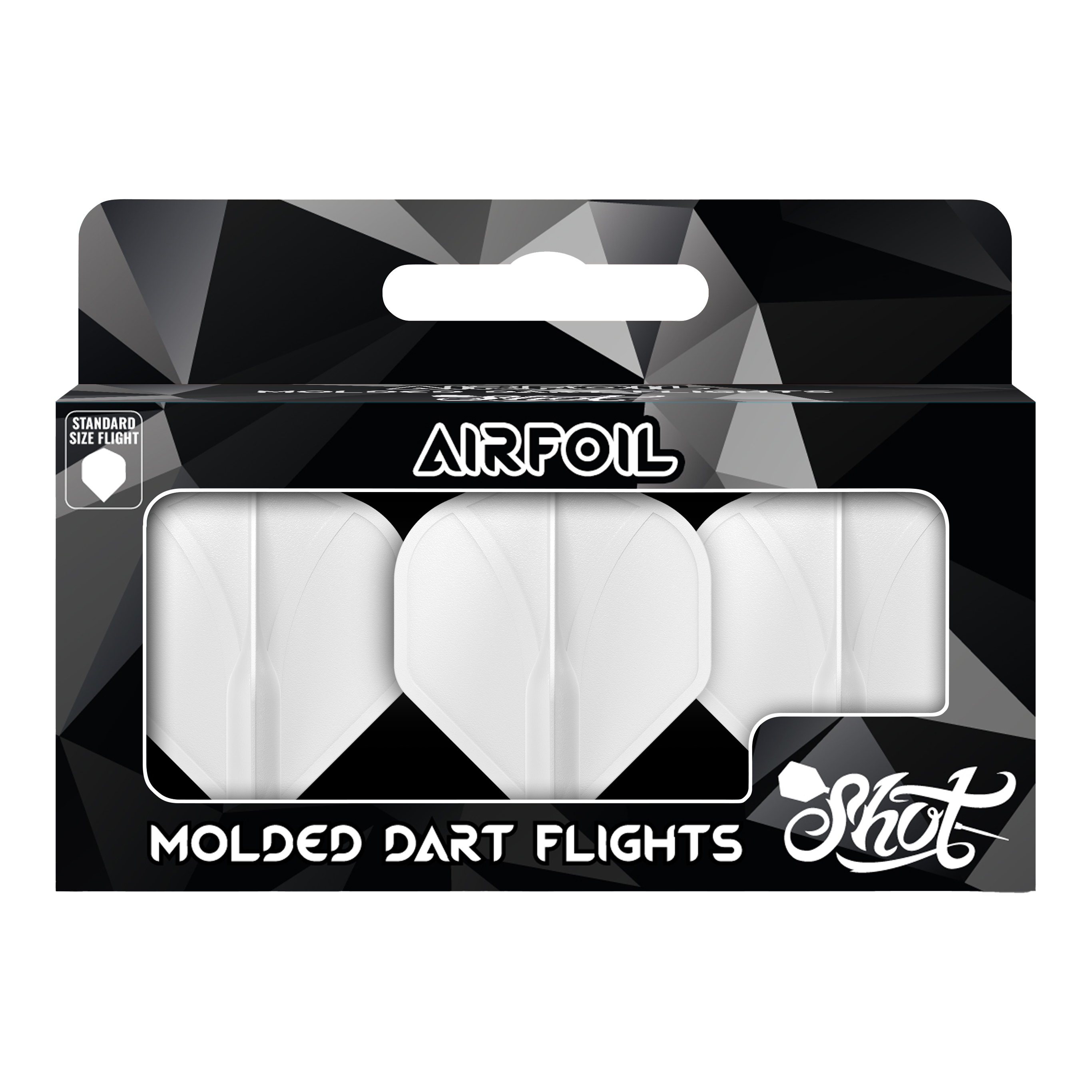 Die Verpackung zeigt drei weiße, geformte Dart-Flights der Marke Shot. Auf der Vorderseite steht „Airfoil – Molded Dart Flights“ in großen Buchstaben.