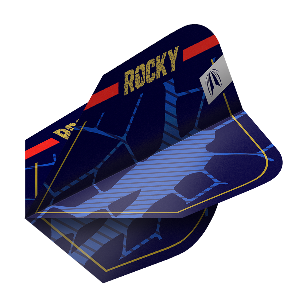 Target Pro Ultra Josh Rock GEN1 Ten-X Flights - 3 Sets Das Bild zeigt ein Set von blauen Dart-Flights mit dem Aufdruck "ROCKY" in goldener Schrift. Die Flights haben ein modernes Design mit blauen Linien und einem roten Streifen am oberen Rand.