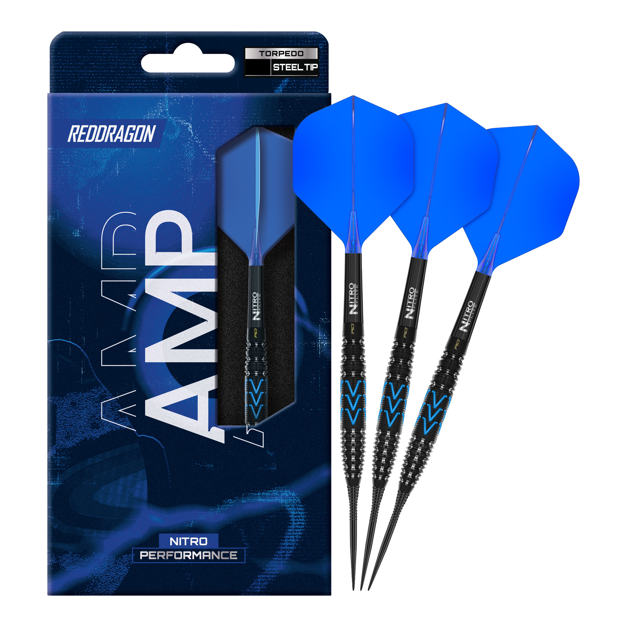 Hier ist der Red Dragon Amp Torpedo Steeldarts abgebildet. Es handelt sich um komplette Steeldarts in sportlichem Look.