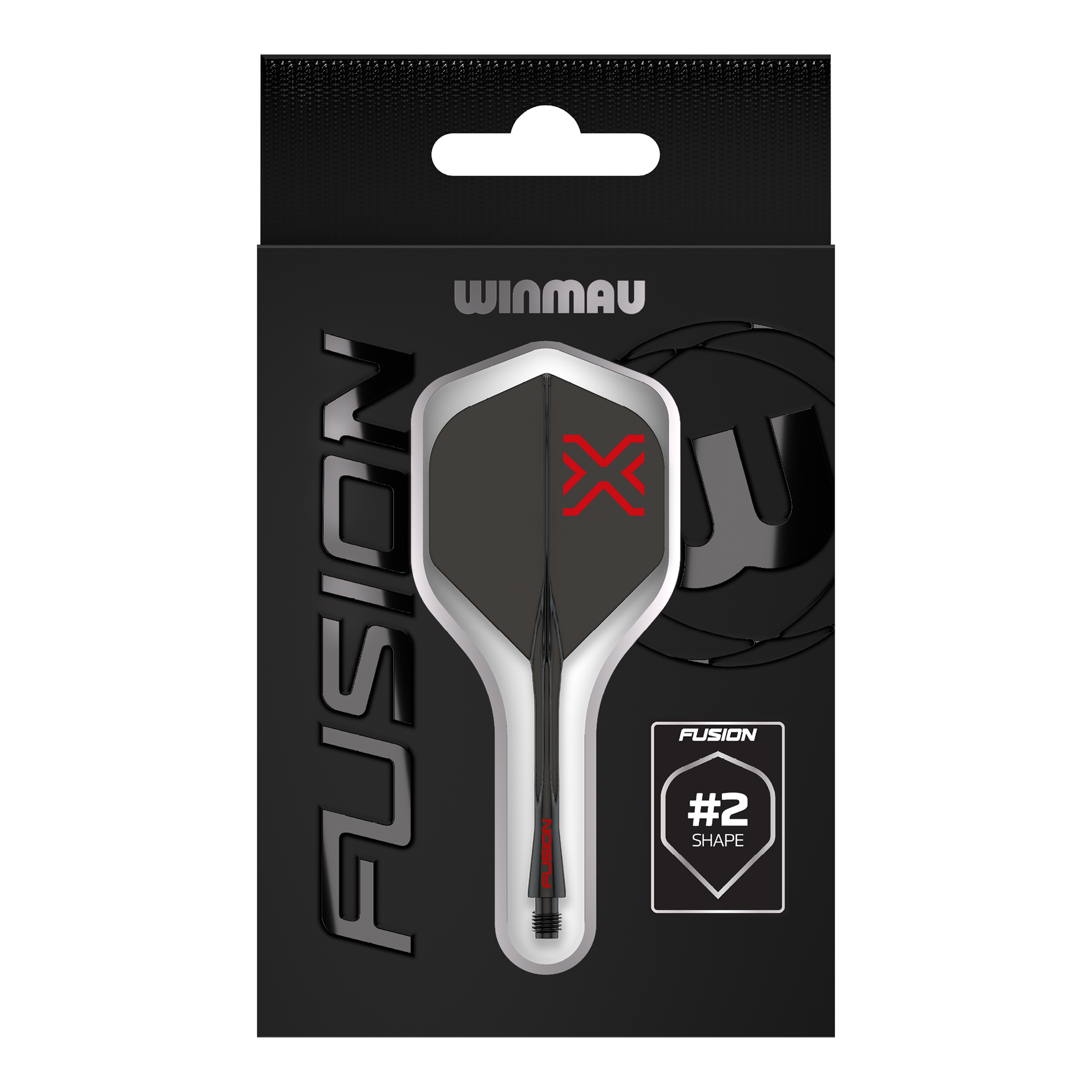 Winmau Fusion Blade X No2 Standard Flight Shaft System - Black Das Bild zeigt das Winmau Fusion Blade X No2 Standard Flight-Shaft-System in Schwarz. Es verbindet ein Flight mit einem Schaft in elegantem, schwarzem Design.