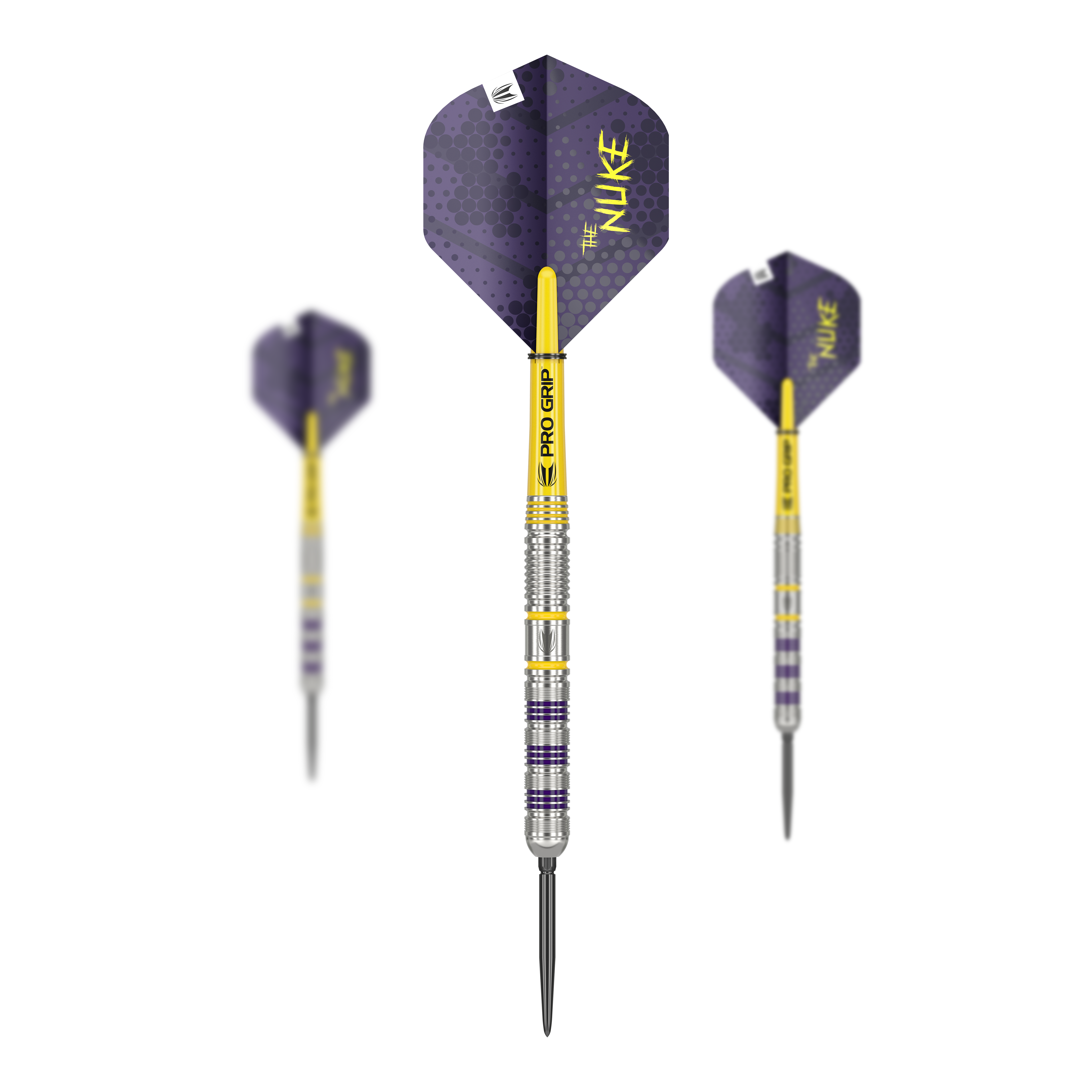 Target Luke Littler Loadout Swiss Point Steel Darts Das Bild zeigt die Target Luke Littler Loadout Swiss Point Steeldarts. Die Darts sind silberfarben mit gelben und violetten Akzenten und haben violette Flights mit der Aufschrift "The Nuke".