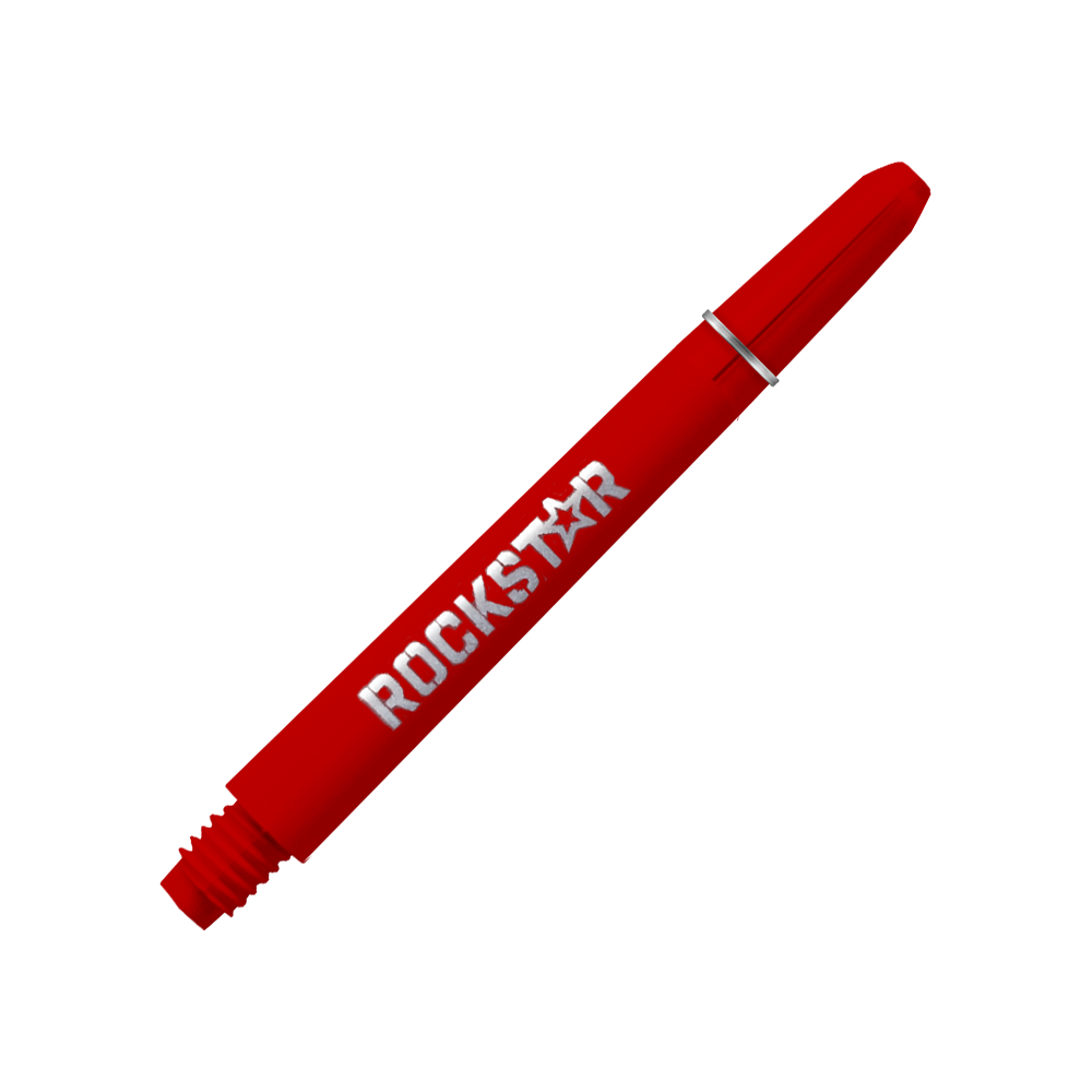 Das Bild zeigt einen roten Schaft mit der Aufschrift "ROCKSTAR". Es handelt sich um das Produkt "Rockstar Shafts - 49mm".