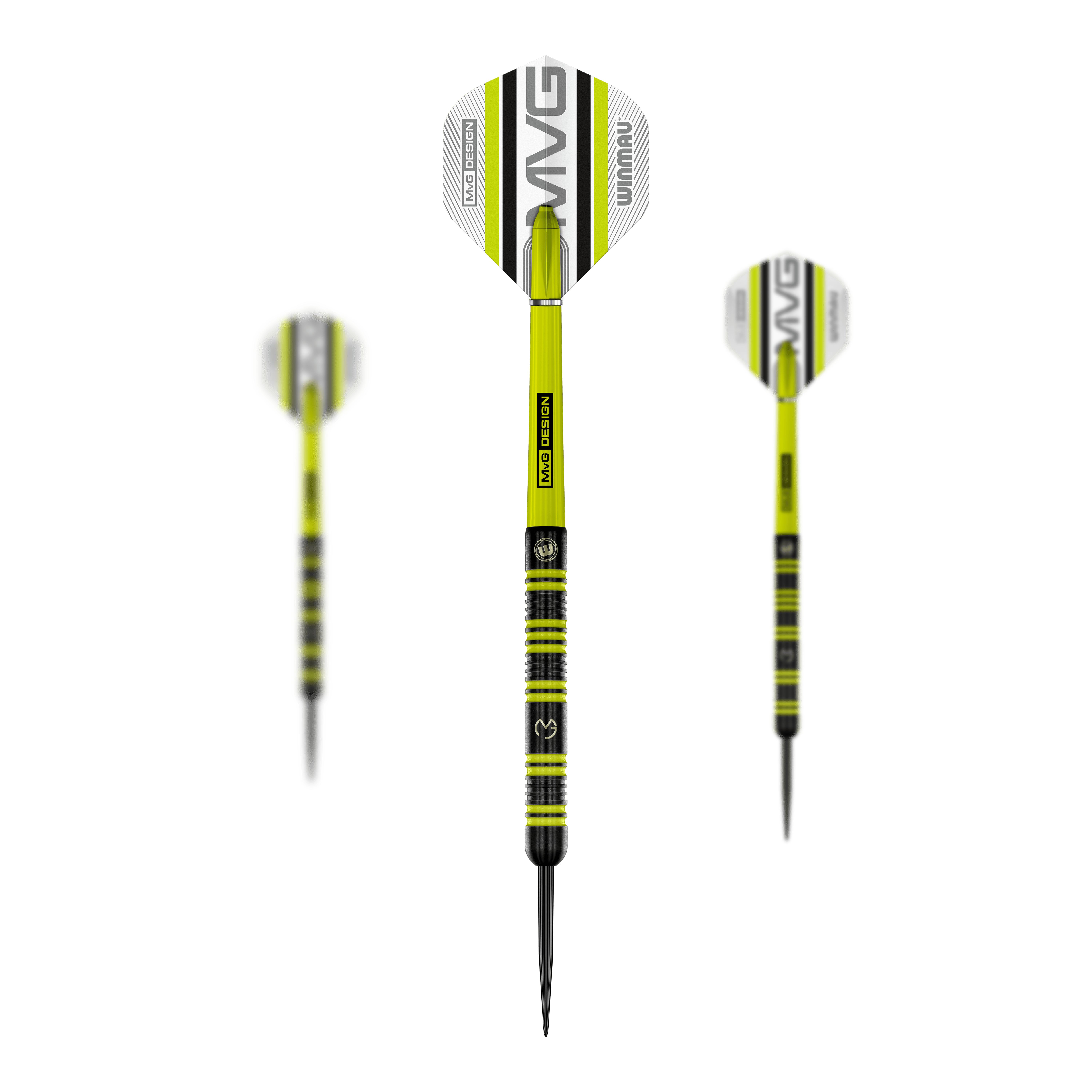 Winmau Michael Van Gerwen 85 Pro-Series steel darts Das Bild zeigt drei Winmau Michael Van Gerwen 85 Pro-Series Steeldarts. Die Darts sind schwarz-gelb gestaltet und haben Flights mit dem Schriftzug "MVG" und "Winmau".