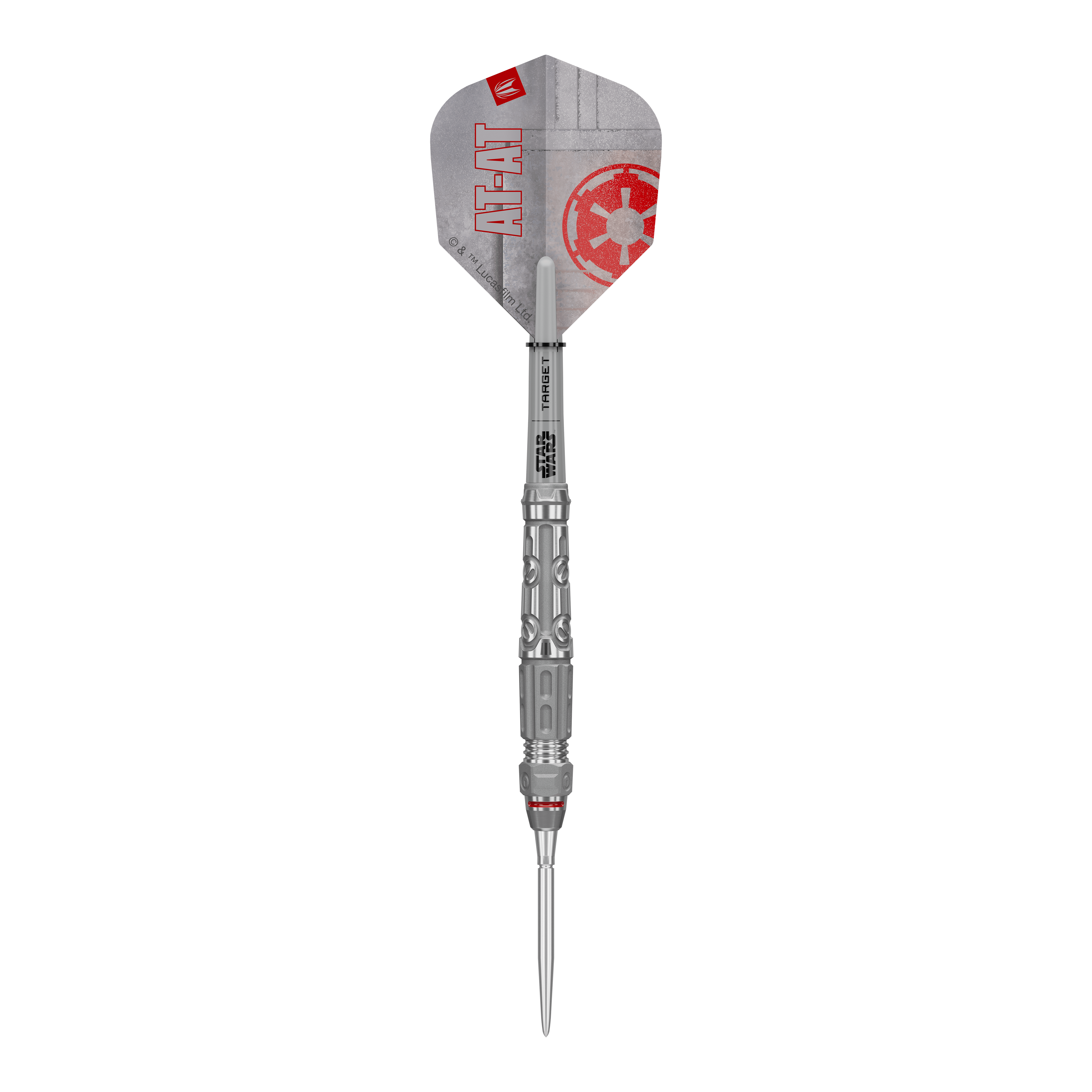 Hier sehen Sie die Target Star Wars AT-AT Swiss Point Steeldarts. Die Abbildung stellt das Design und die Form der Dartpfeile dar.