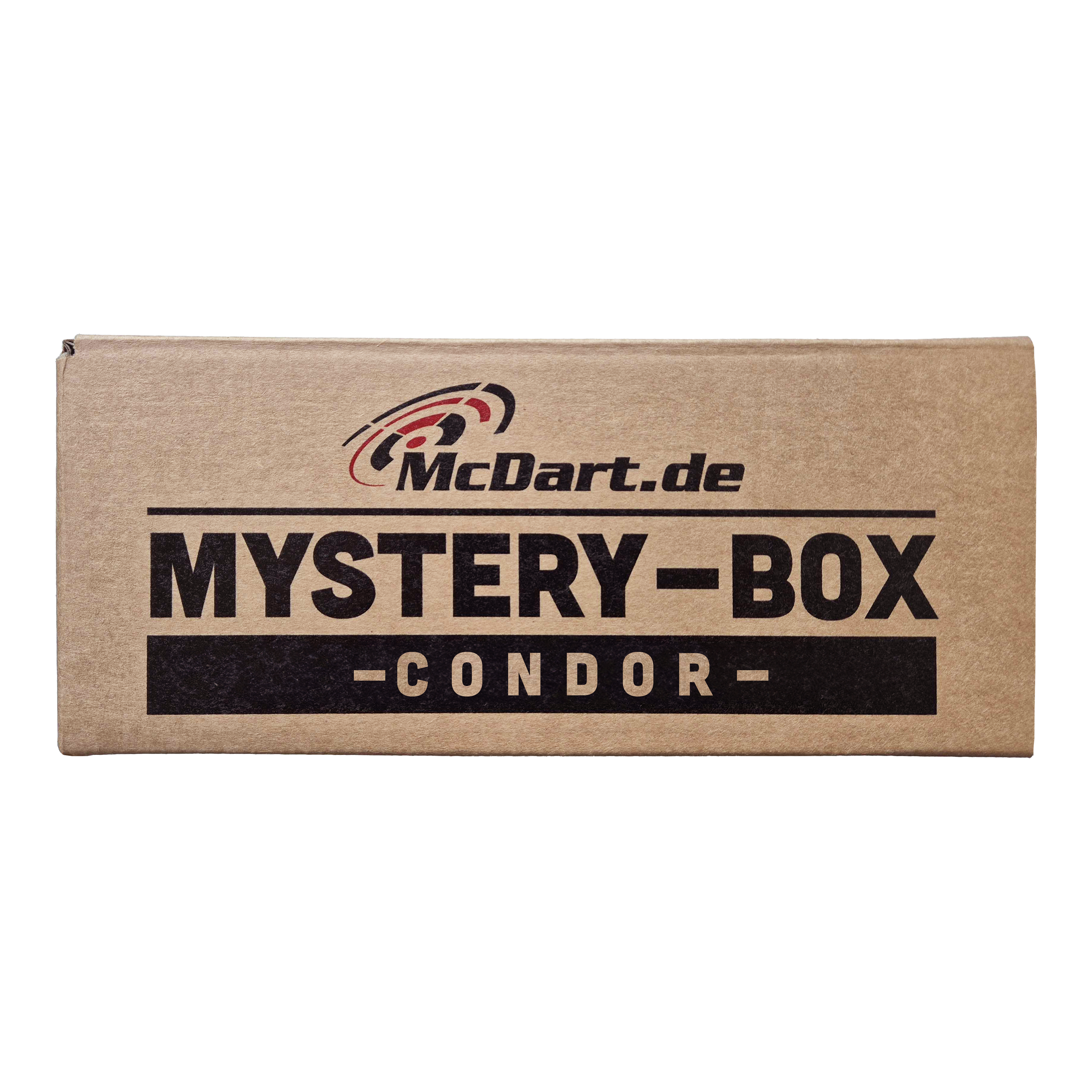 Auf dem Bild ist ein brauner Karton mit der Aufschrift "McDart.de Mystery-Box - Condor -" zu sehen. Die Schachtel wirkt geheimnisvoll und lädt zum Entdecken ein.