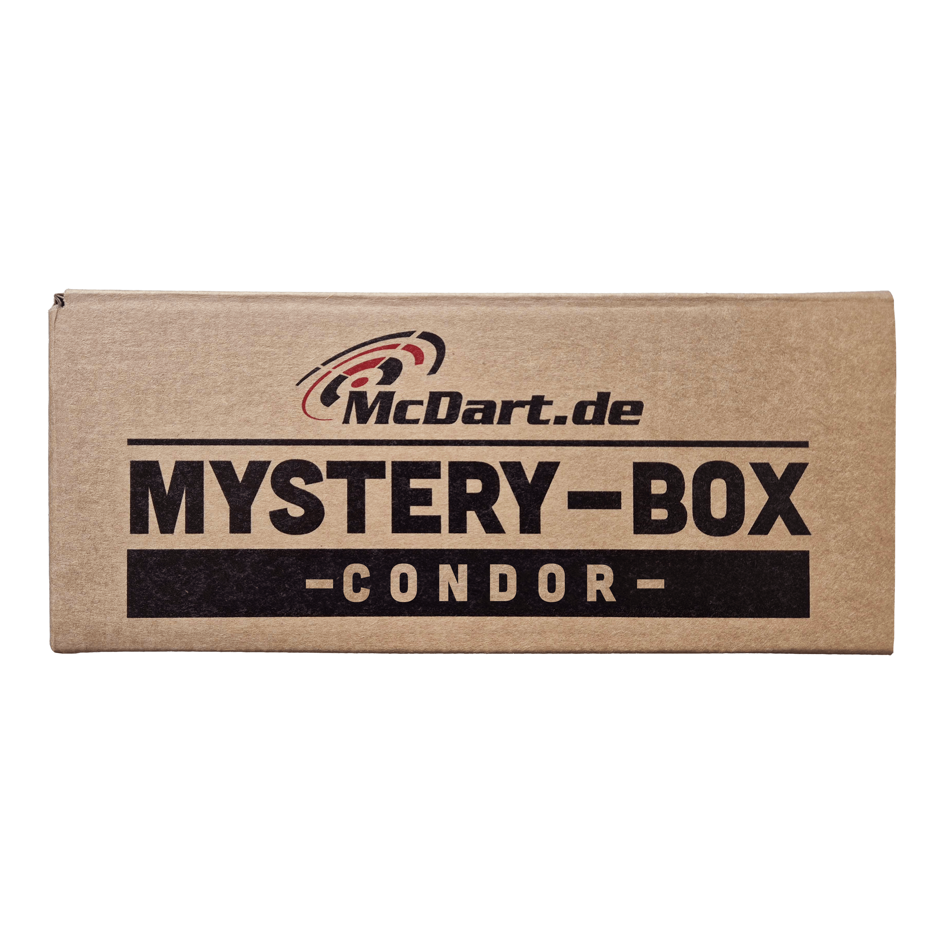 McDart Condor Mystery Box Auf dem Bild ist ein brauner Karton mit der Aufschrift "McDart.de Mystery-Box - Condor -" zu sehen. Die Schachtel wirkt geheimnisvoll und lädt zum Entdecken ein.