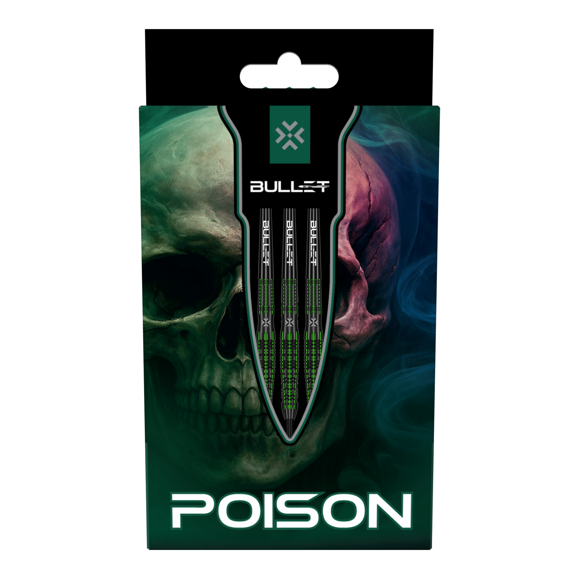 Das Bild zeigt die Bullet Poison Steeldarts. Diese Steeldarts sind für präzises Dartspiel entwickelt.