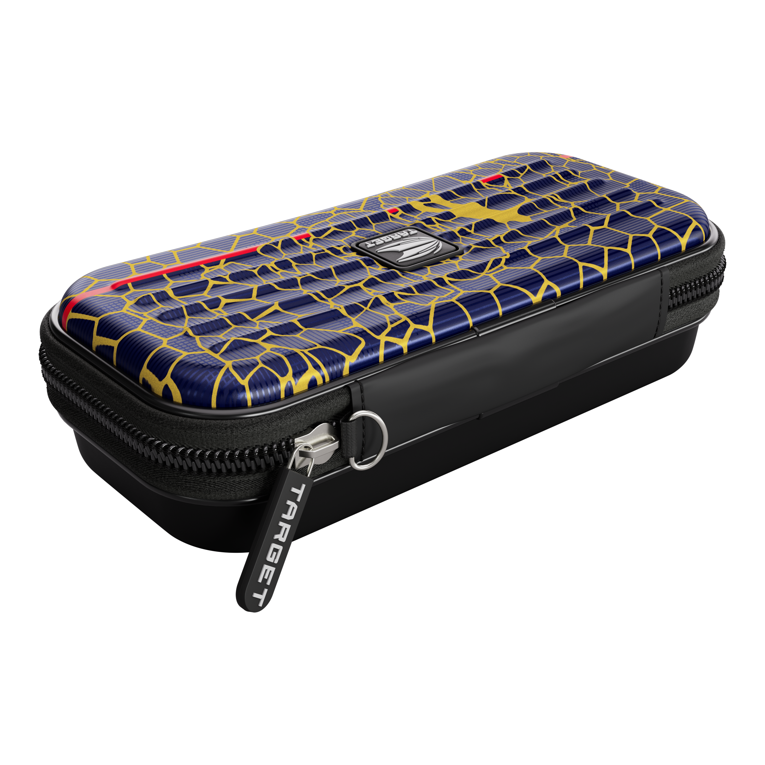 Target Takoma Josh Rock dart case Das Bild zeigt ein Target Takoma Josh Rock Dartcase. Das Etui hat ein auffälliges Muster in Blau und Gelb mit einem schwarzen Reißverschluss.