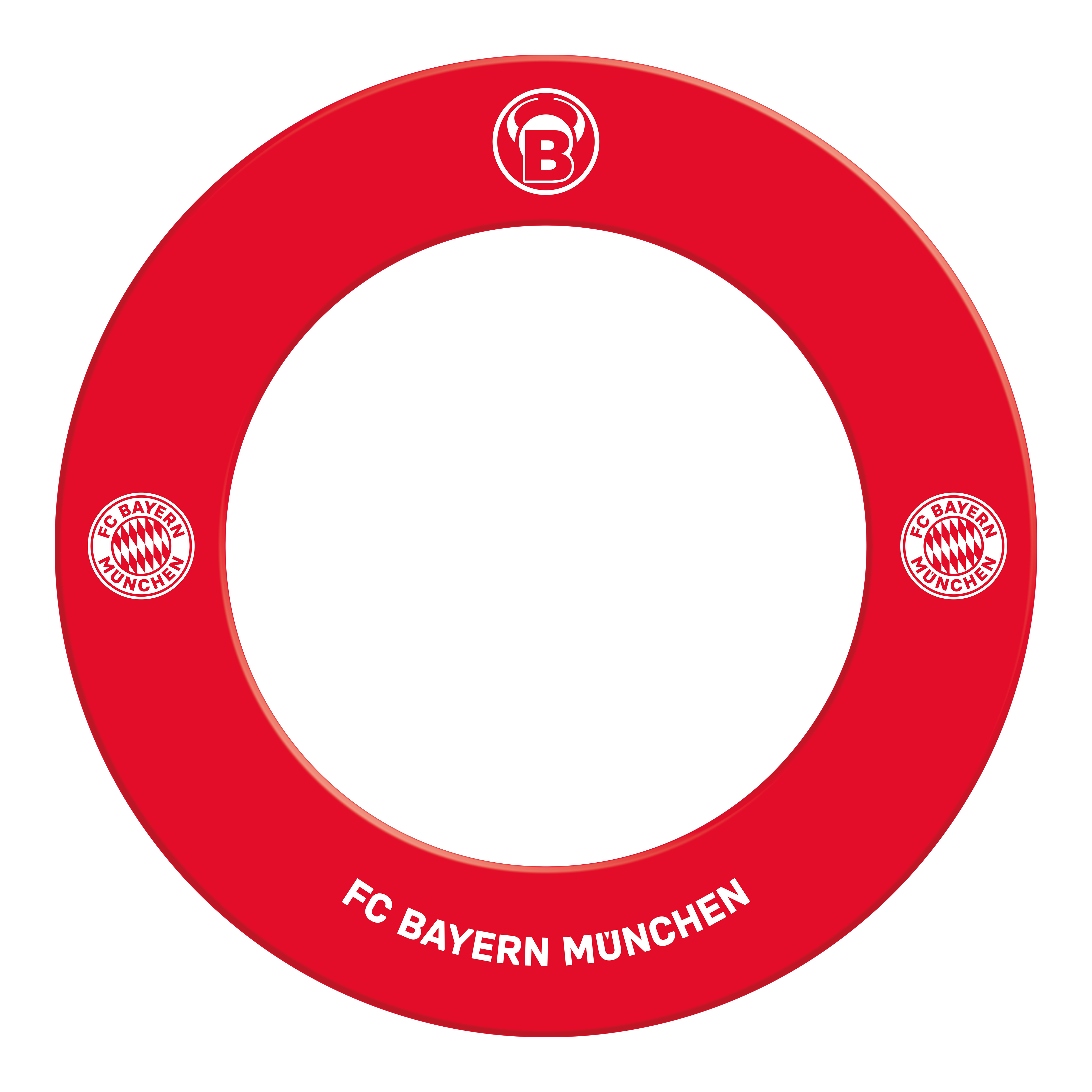 Auf dem Bild ist das Bulls FC Bayern München Premium Dartboard Surround zu sehen. Das Surround schützt die Wand und trägt das Logo des FC Bayern München.