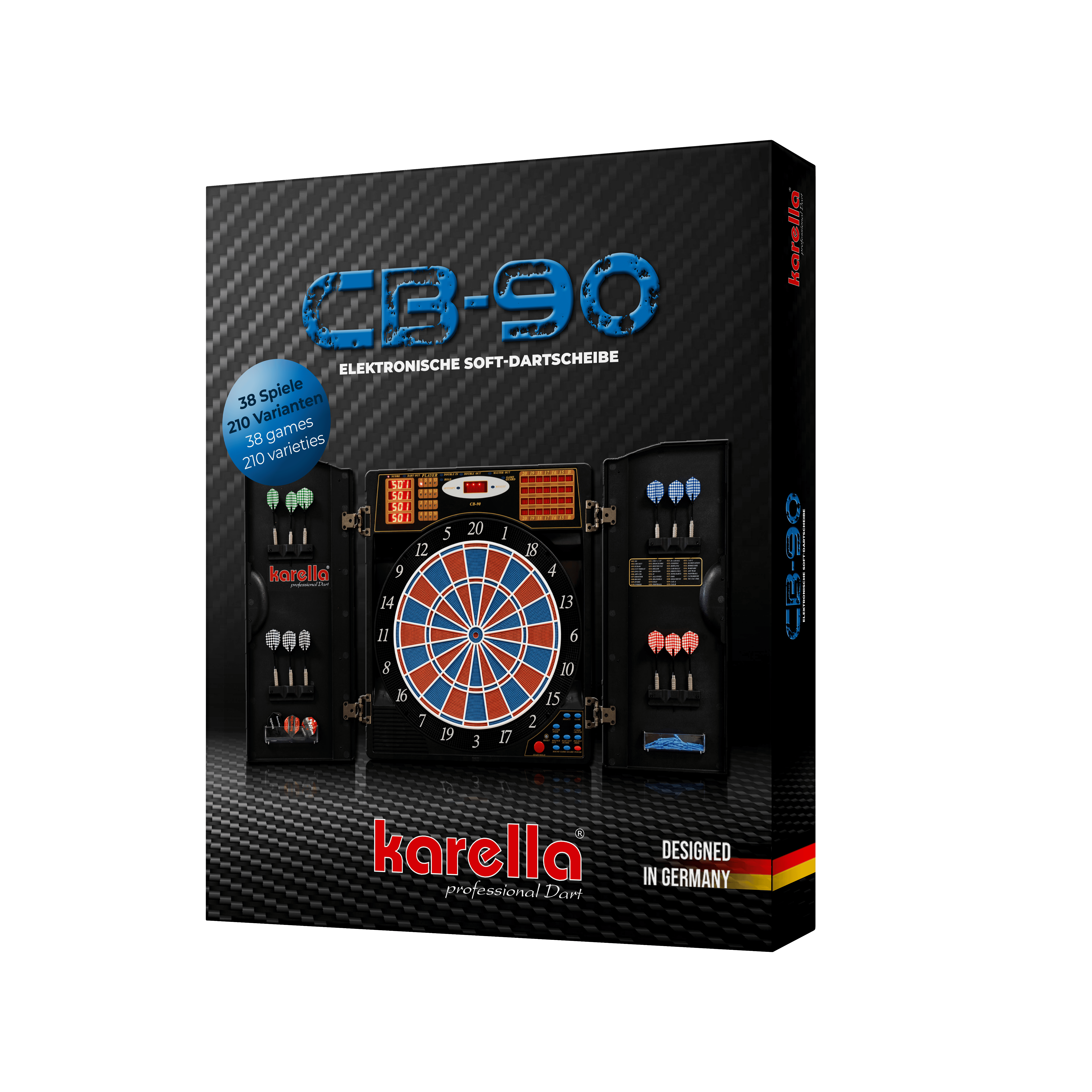 Electronic dartboard CB 90 tournament version Auf dem Bild ist die Verpackung einer elektronischen Dartscheibe "CB 90 Turnierausführung" von Karella zu sehen. Die Dartscheibe bietet 38 Spiele mit 210 Varianten und ist "Designed in Germany".