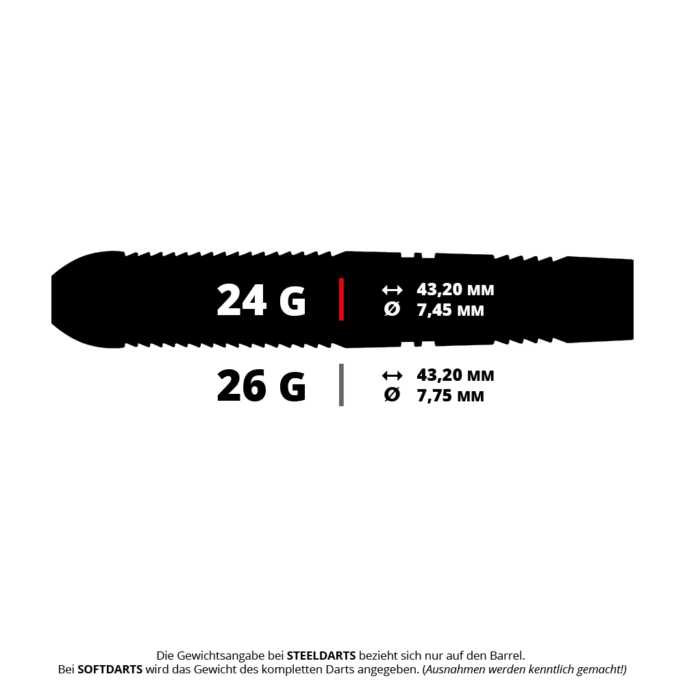 Winmau Callisto 03 Steeldarts Das Bild zeigt die Maße und das Gewicht eines Winmau Callisto Steeldarts mit 24 Gramm. Der Barrel ist 43,20 mm lang und hat einen Durchmesser von 7,45 mm.