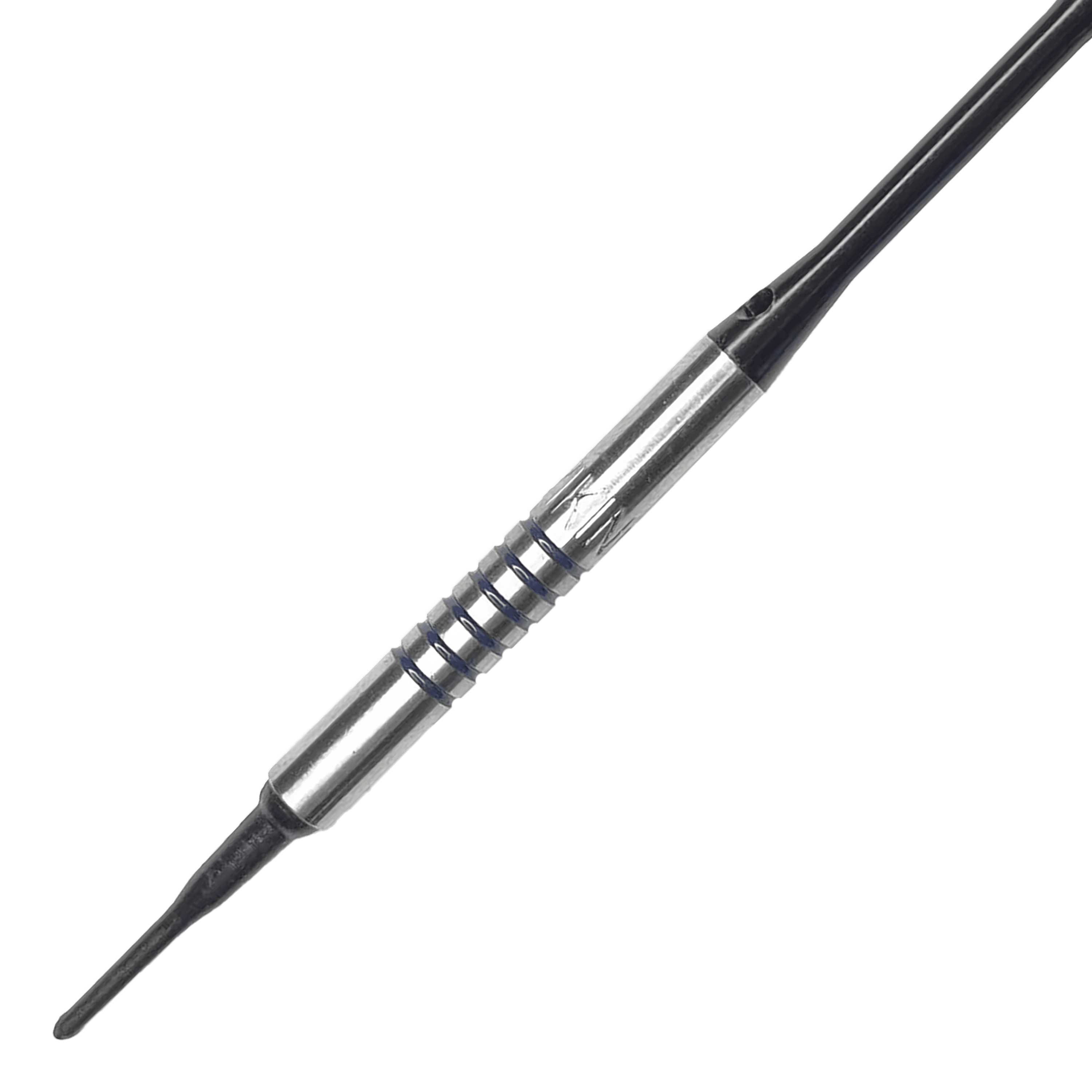 McDart 85 Tungsten V19 soft darts - 16.5g Dies ist ein McDart 85er Tungsten V19 Softdart mit einem Gewicht von 16,5g. Der Dart hat einen silbernen Barrel mit schwarzen Rillen und einer schwarzen Spitze.