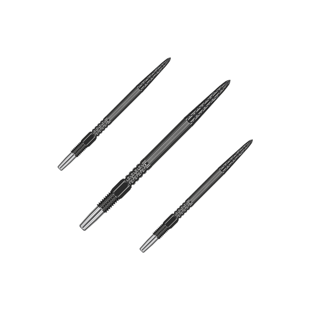 Target Swiss Point DX dart tips - Black Das Bild zeigt drei schwarze Dartspitzen, die nebeneinander angeordnet sind. Sie haben ein geriffeltes Design und eine spitze Form.