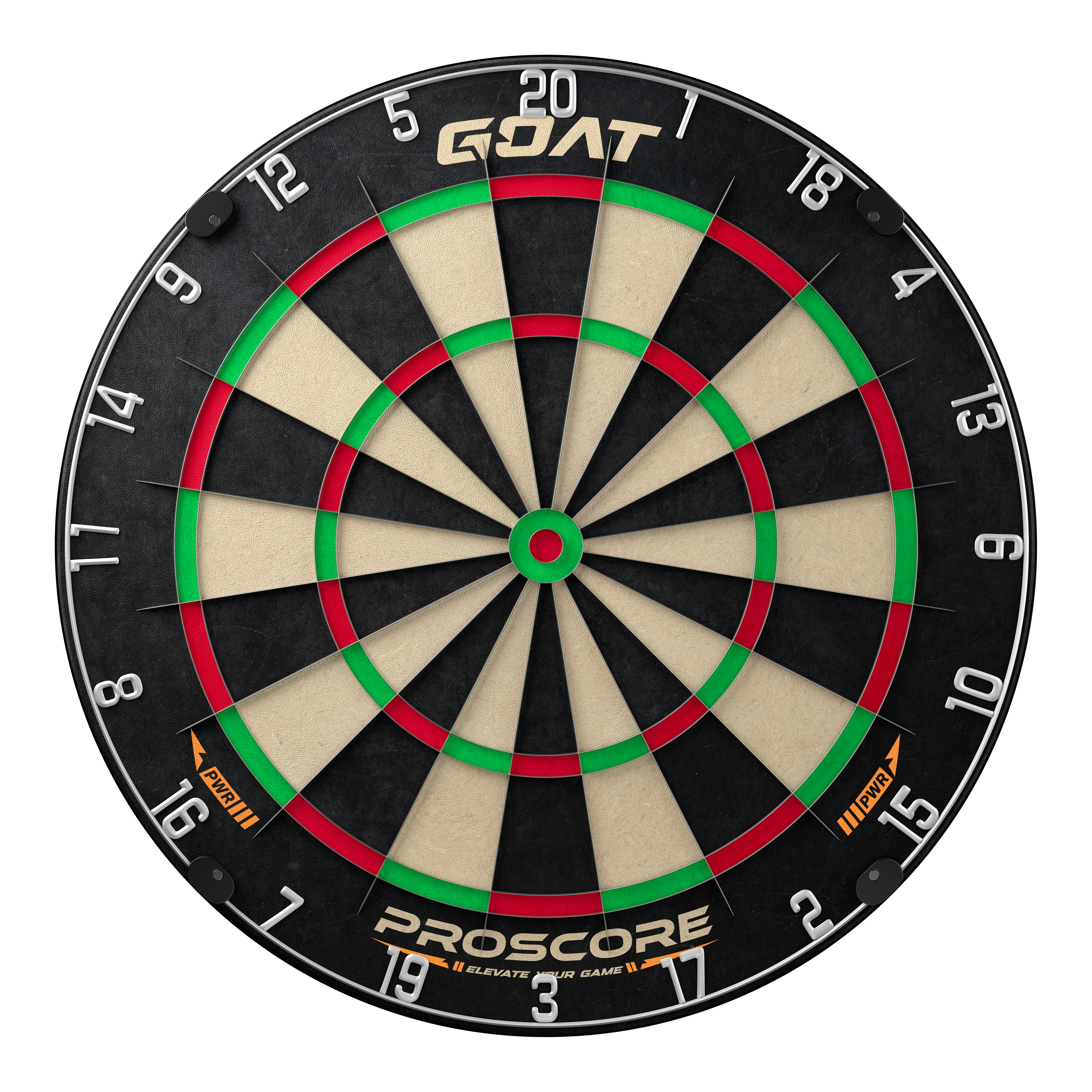 GOAT Proscore PWR steel dartboard Das Bild zeigt eine Steeldart-Scheibe mit der Aufschrift "GOAT Proscore PWR". Die Scheibe hat klassische Farbringe in Schwarz, Creme, Rot und Grün.