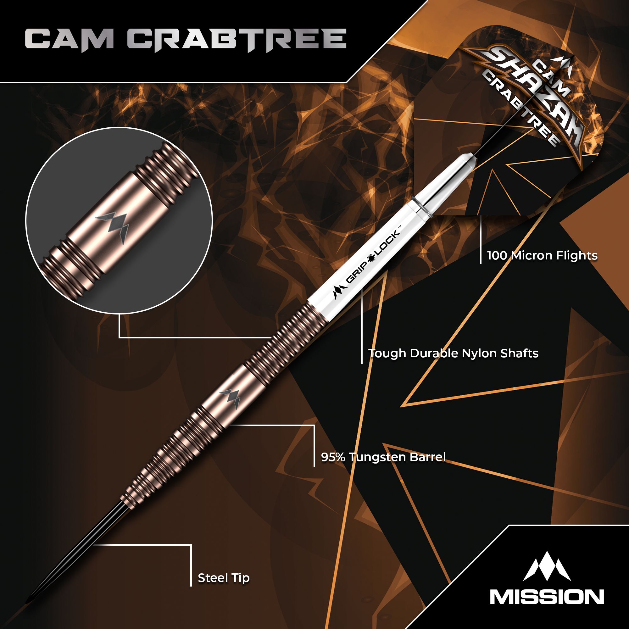 Das Bild zeigt die Mission Cam Crabtree V2 Steeldarts, Modell 1. Zu sehen ist ein Detailfoto eines einzelnen Steeldarts.