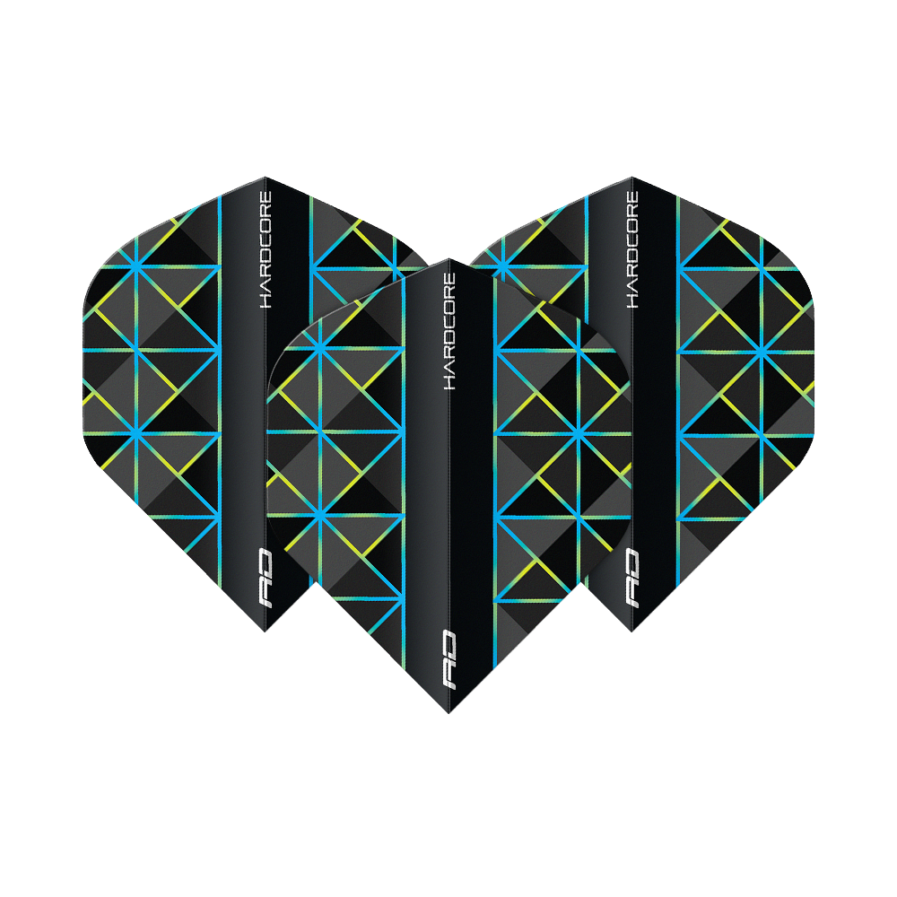 Das Bild zeigt drei Dart-Flights des Modells "Red Dragon Hardcore Dragonfly 95 No2 Standard". Die Flights sind schwarz mit blauen und gelben geometrischen Linienmustern gestaltet.