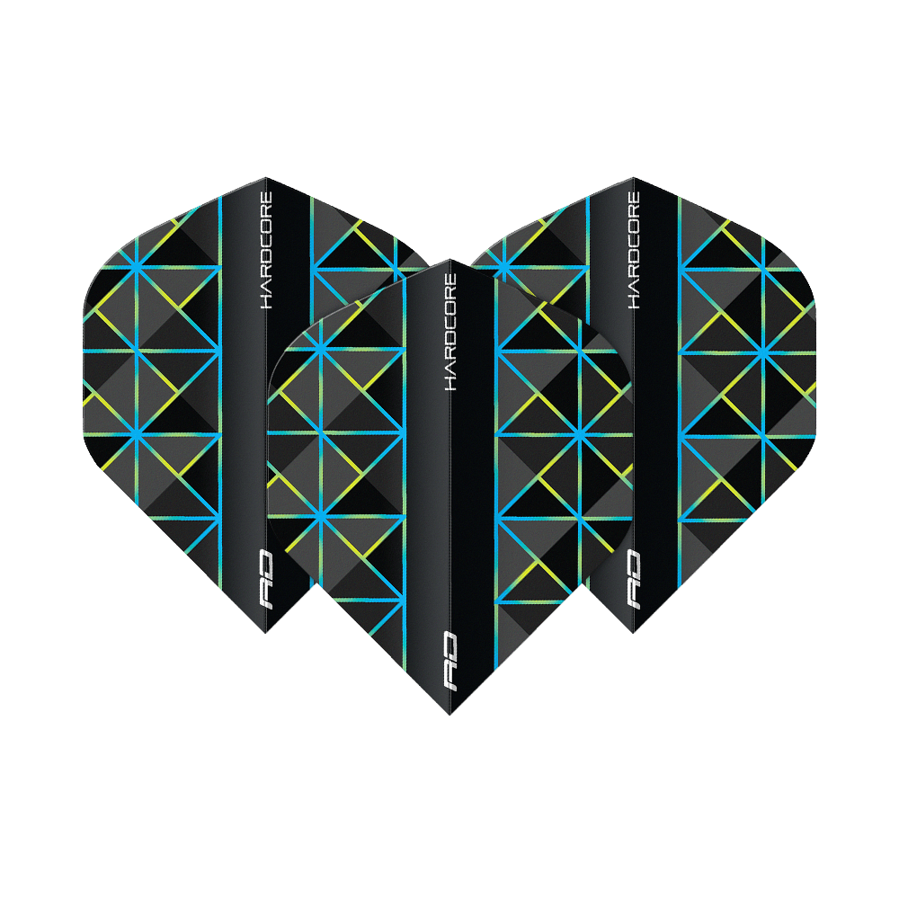 Red Dragon Hardcore Dragonfly 95 No2 Standard Flights Das Bild zeigt drei Dart-Flights des Modells "Red Dragon Hardcore Dragonfly 95 No2 Standard". Die Flights sind schwarz mit blauen und gelben geometrischen Linienmustern gestaltet.