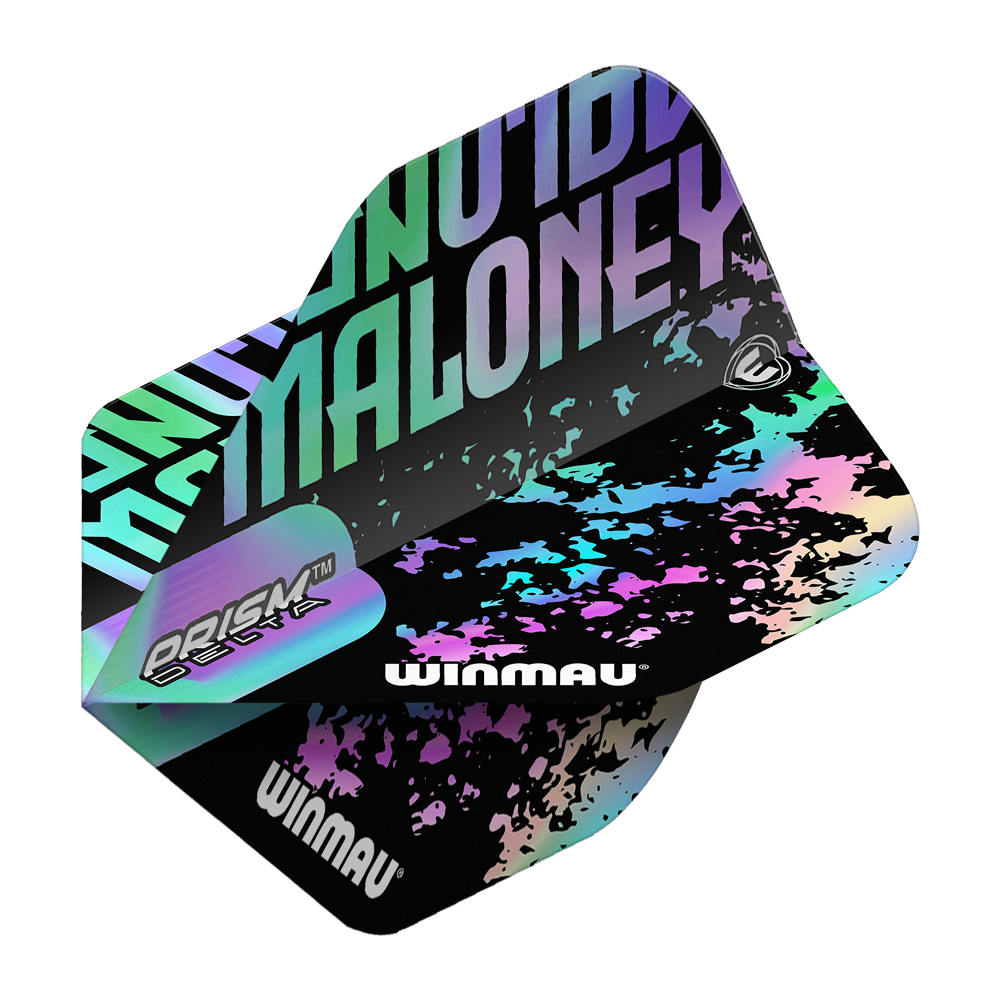 Das Bild zeigt ein Winmau Prism Delta Mike Maloney Standard Flight. Das Design ist in Schwarz gehalten mit bunten, schimmernden Akzenten und dem Namen "Maloney" in großen Buchstaben.