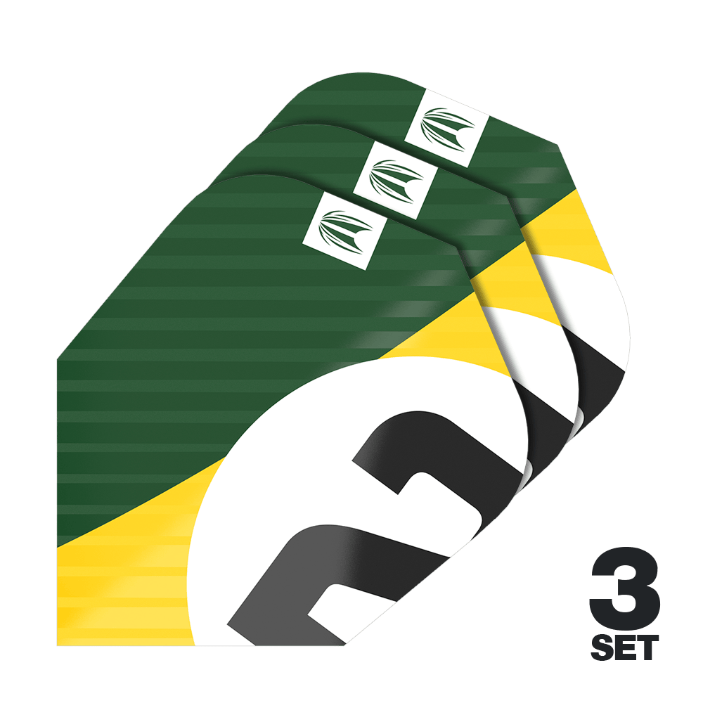 Target Pro Ultra Chicane Green Ten-X Flights - 3 Sets Das Bild zeigt drei Dart-Flights im grünen, gelben und weißen Design. Unten rechts steht "3 SET", was auf drei Sets hinweist.