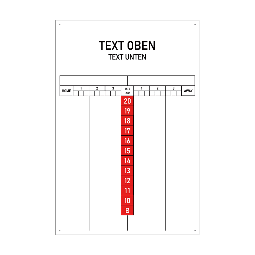 Das Bild zeigt ein Scoreboard mit individuellen Druckmöglichkeiten in der Größe 40 x 60 cm. In der Mitte sind rote Zahlen von 20 bis 10 sowie ein Feld mit "B" angeordnet, und oben gibt es Platz für eigenen Text.