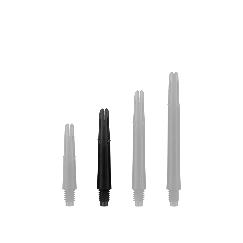 Auf dem Bild sind vier schwarze, gerade Dartschäfte in unterschiedlichen Längen zu sehen. Sie stehen nebeneinander aufrecht vor weißem Hintergrund.